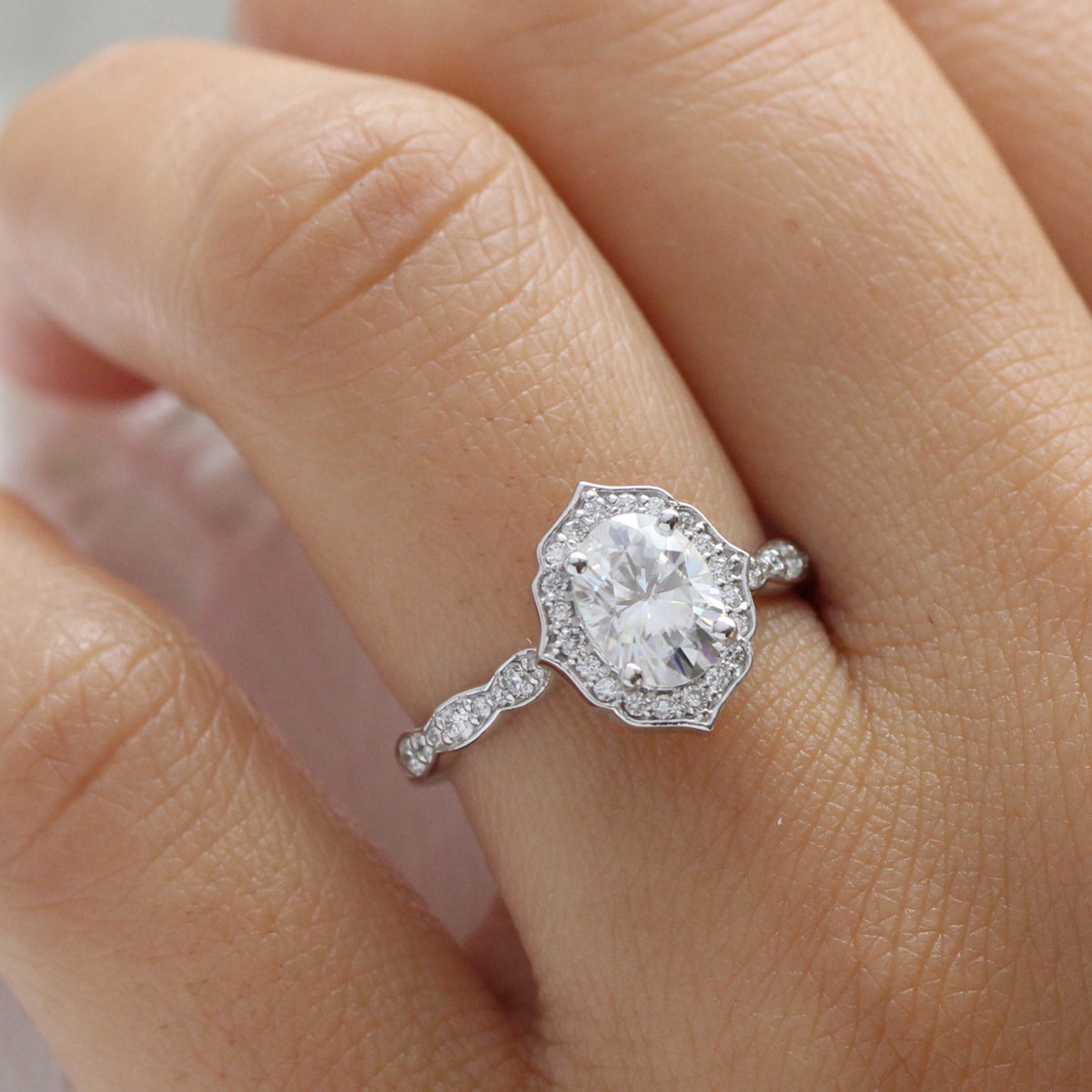 Oval moissanite engagement ring gold vintage halo diamond moissanite ring la more design jewelry