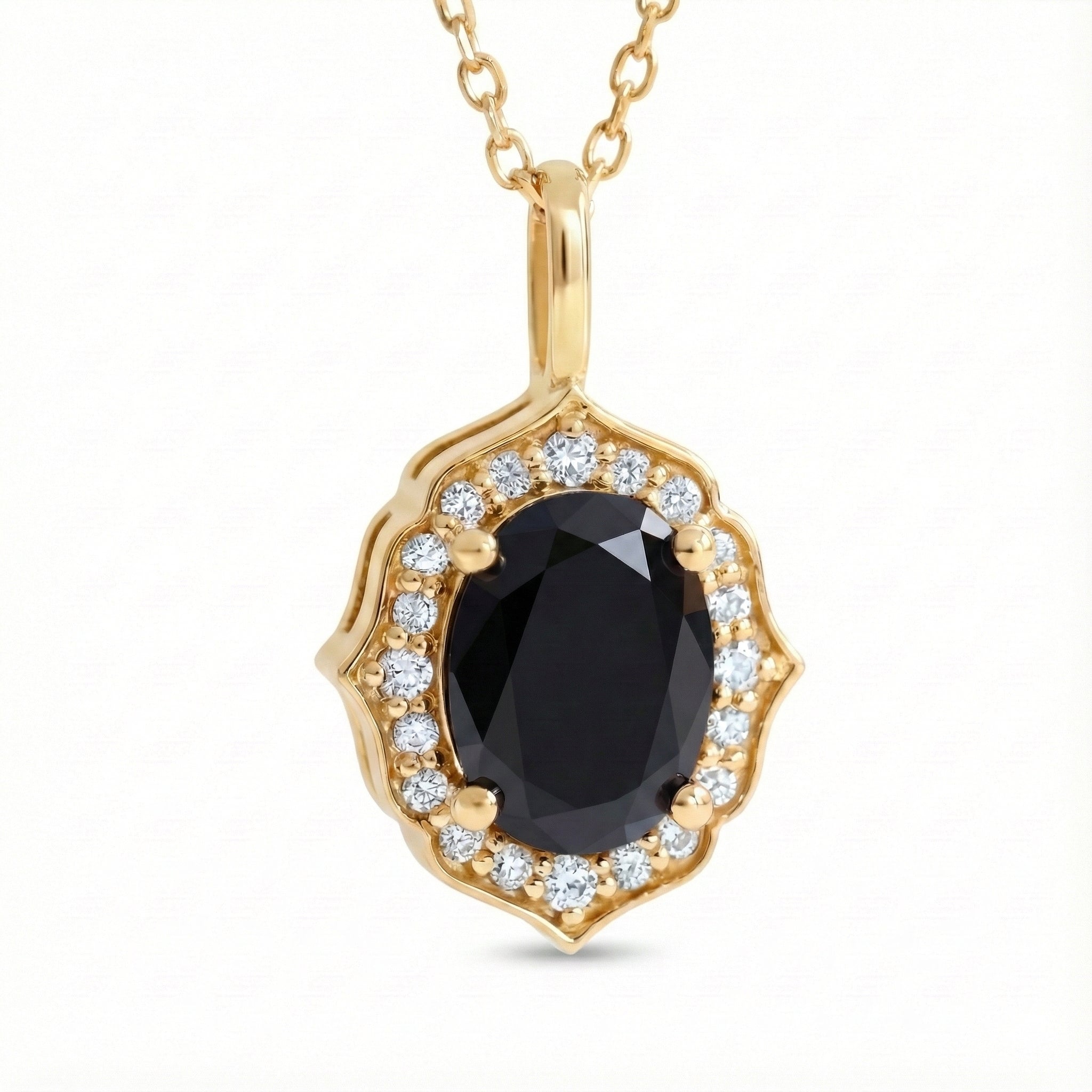 vintage floral halo black diamond pendant yellow gold oval black diamond necklace la more design jewelry