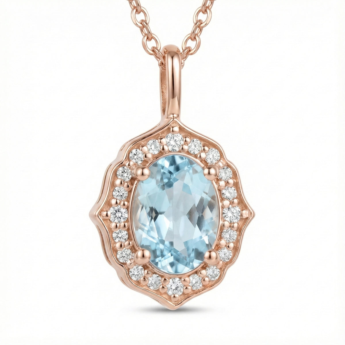 vintage floral halo diamond aquamarine pendant rose gold oval aquamarine necklace la more design jewelry