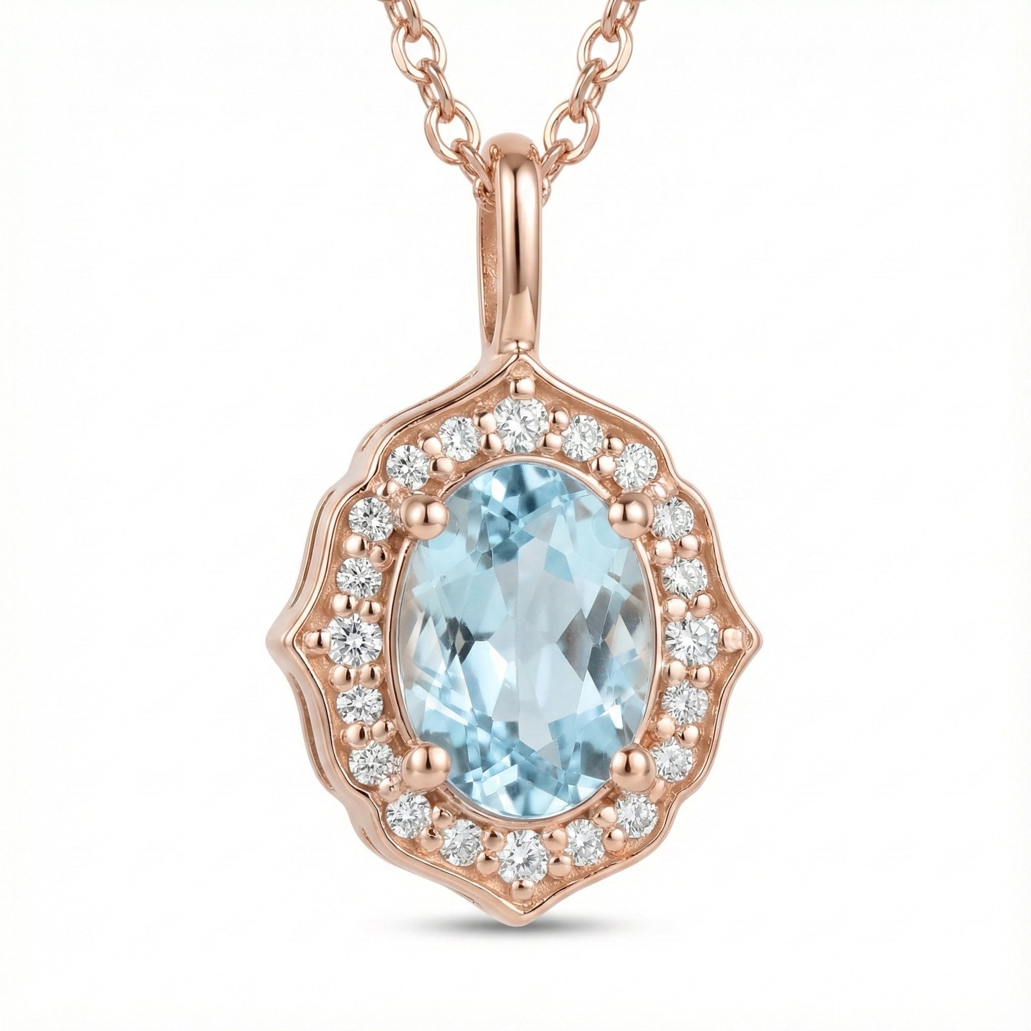 vintage floral halo diamond aquamarine pendant rose gold oval aquamarine necklace la more design jewelry
