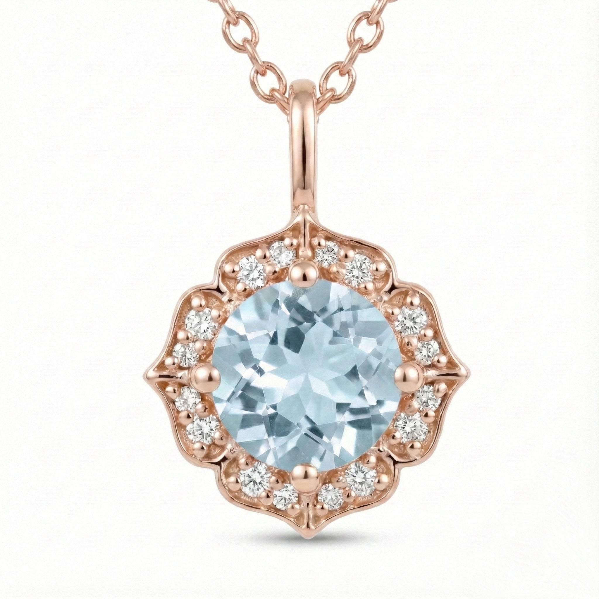 vintage floral halo diamond aquamarine pendant rose gold round aquamarine necklace la more design jewelry