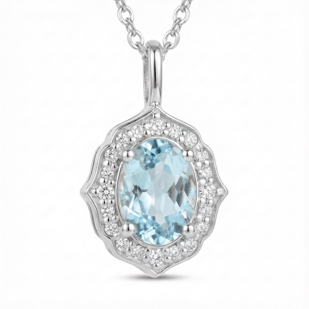 vintage floral halo diamond aquamarine pendant white gold oval aquamarine necklace la more design jewelry