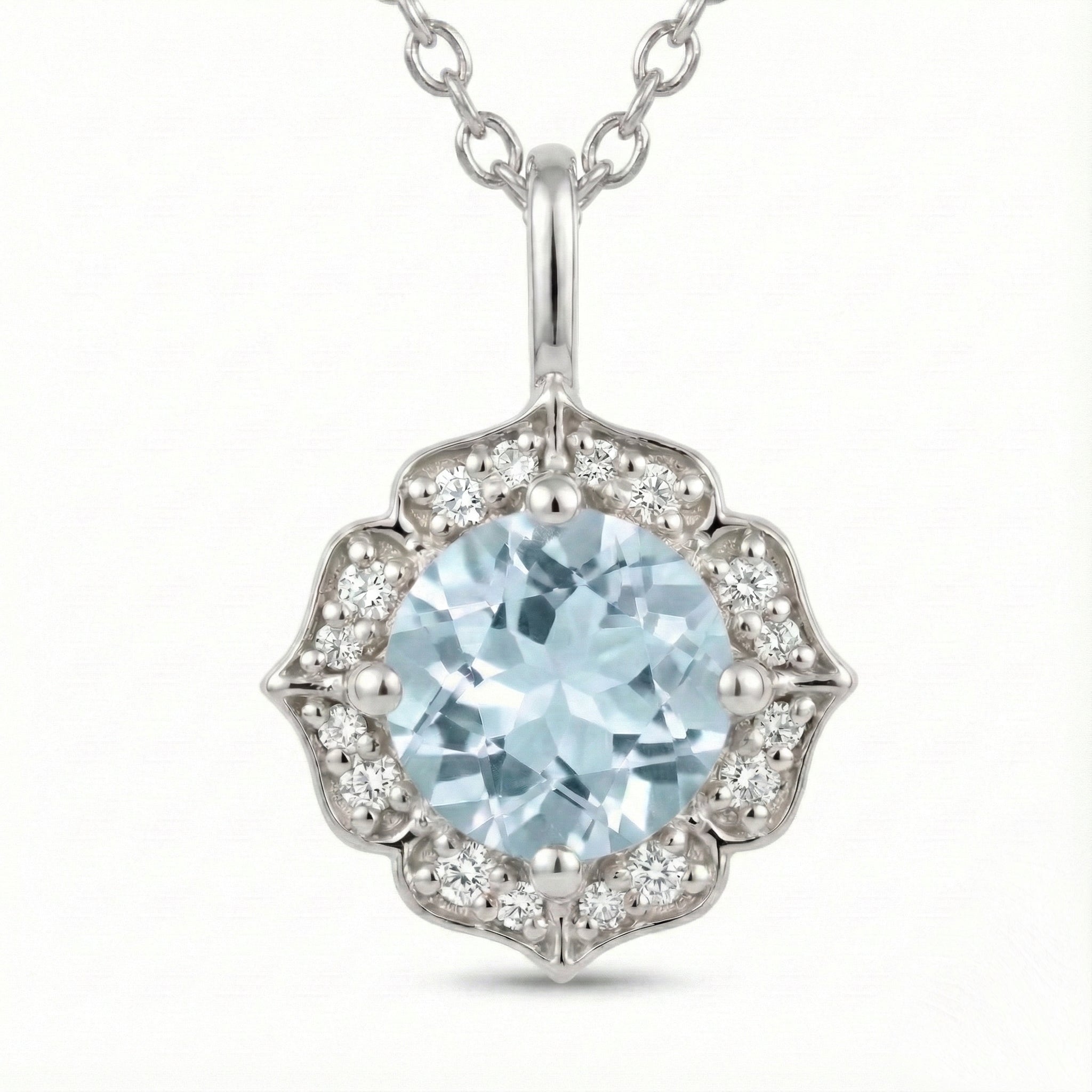 vintage floral halo diamond aquamarine pendant white gold round aquamarine necklace la more design jewelry
