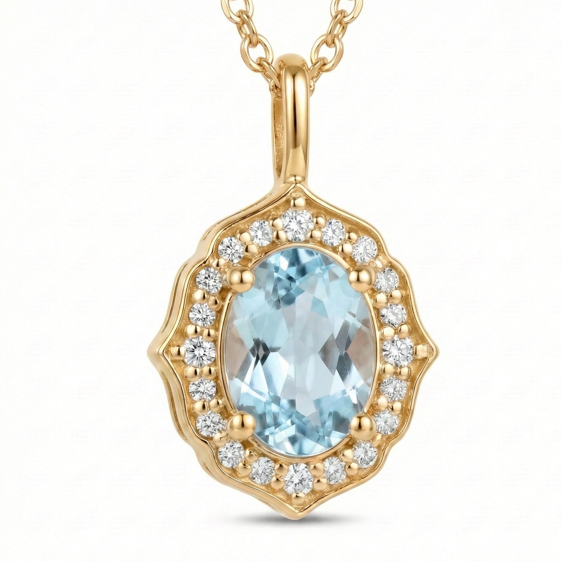 vintage floral halo diamond aquamarine pendant yellow gold oval aquamarine necklace la more design jewelry