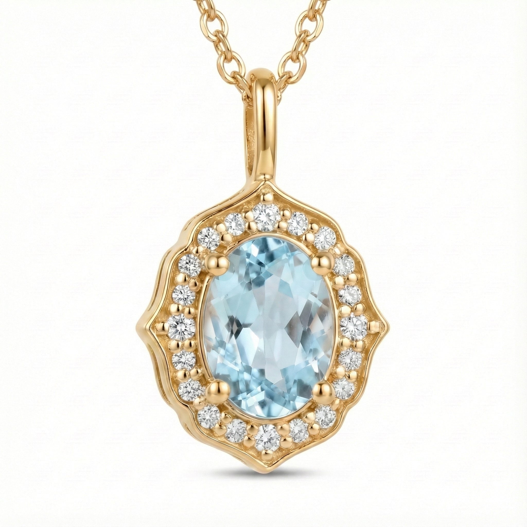 vintage floral halo diamond aquamarine pendant yellow gold oval aquamarine necklace la more design jewelry