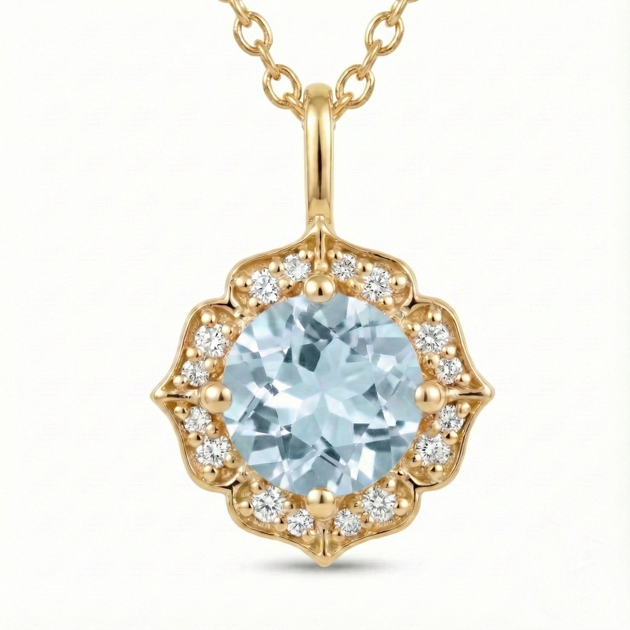 vintage floral halo diamond aquamarine pendant yellow gold round aquamarine necklace la more design jewelry