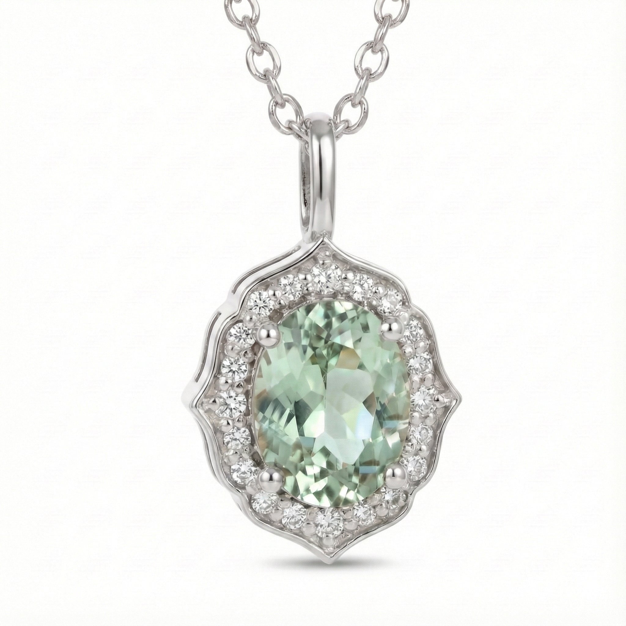 vintage floral halo diamond green sapphire pendant white gold oval sapphire necklace la more design jewelry