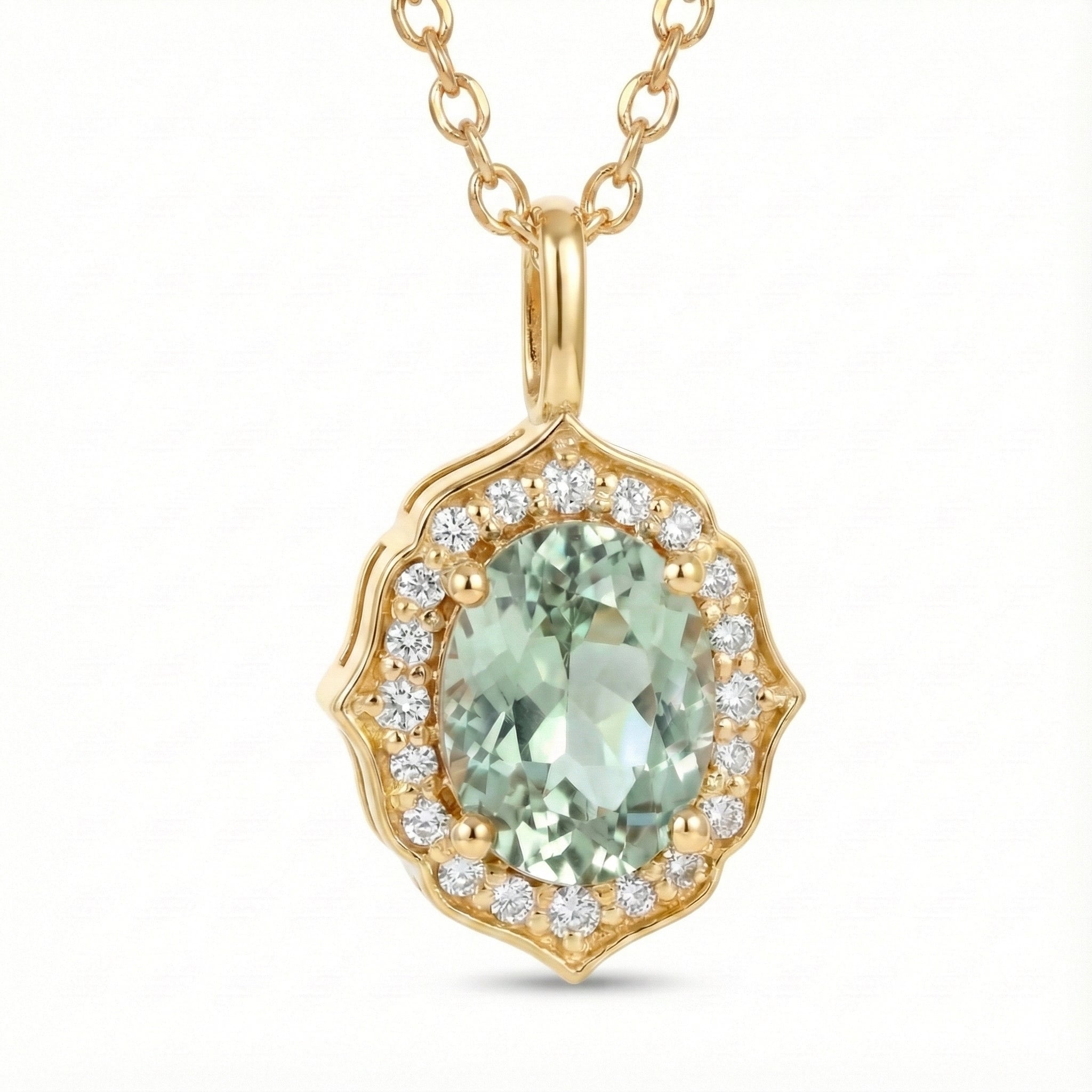 vintage floral halo diamond green sapphire pendant yellow gold oval sapphire necklace la more design jewelry