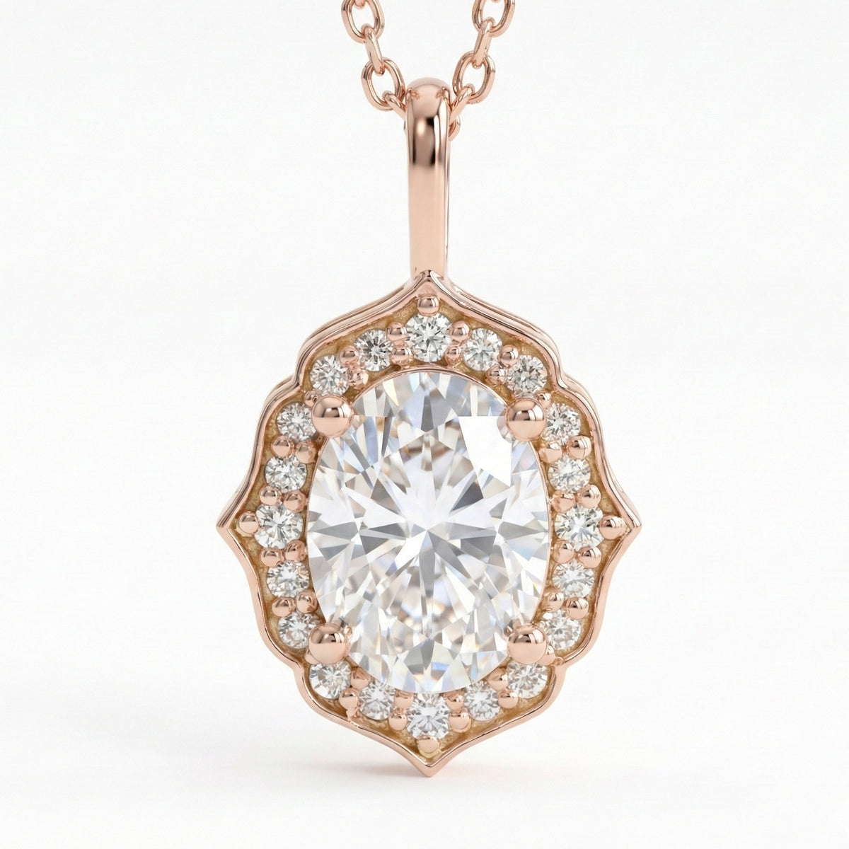 vintage floral halo diamond moissanite pendant rose gold oval moissanite necklace la more design jewelry