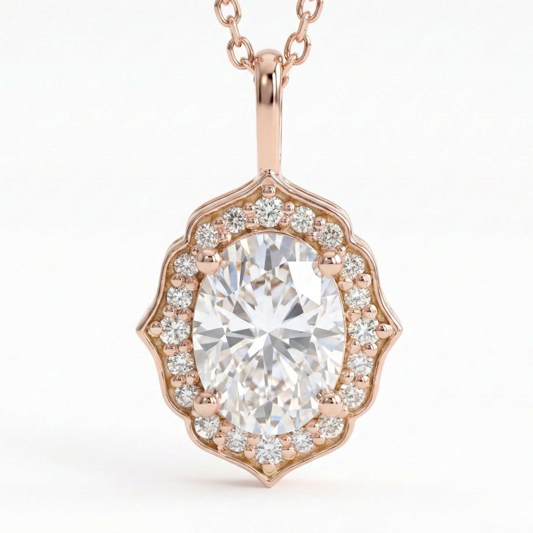 vintage floral halo diamond moissanite pendant rose gold oval moissanite necklace la more design jewelry