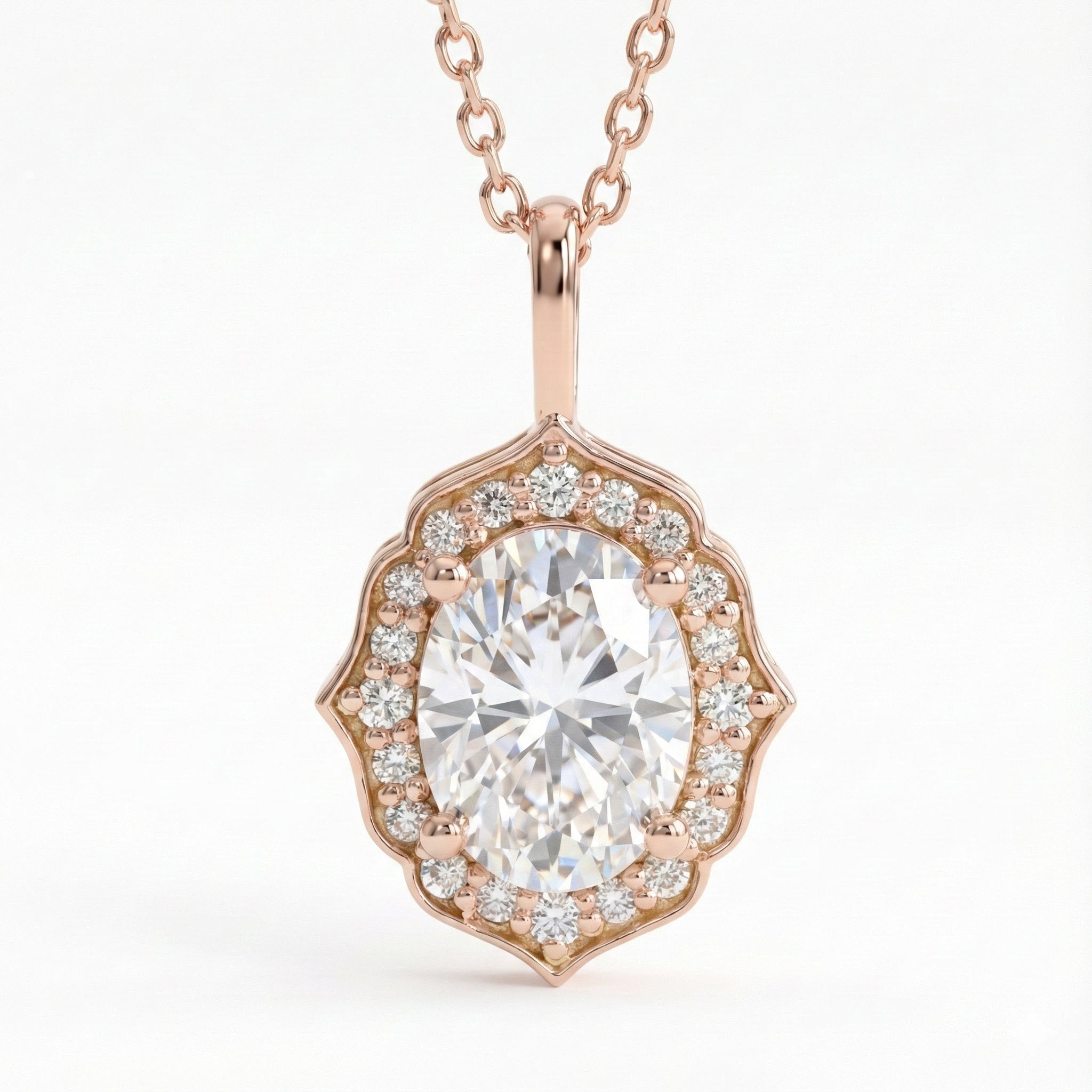 vintage floral halo diamond moissanite pendant rose gold oval moissanite necklace la more design jewelry