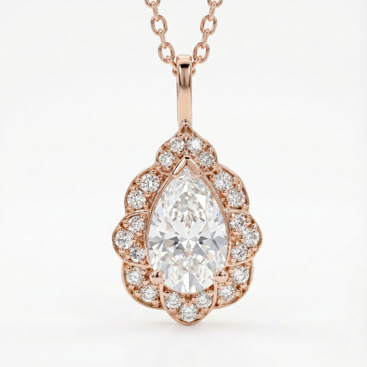 vintage floral halo diamond moissanite pendant rose gold pear moissanite necklace la more design jewelry