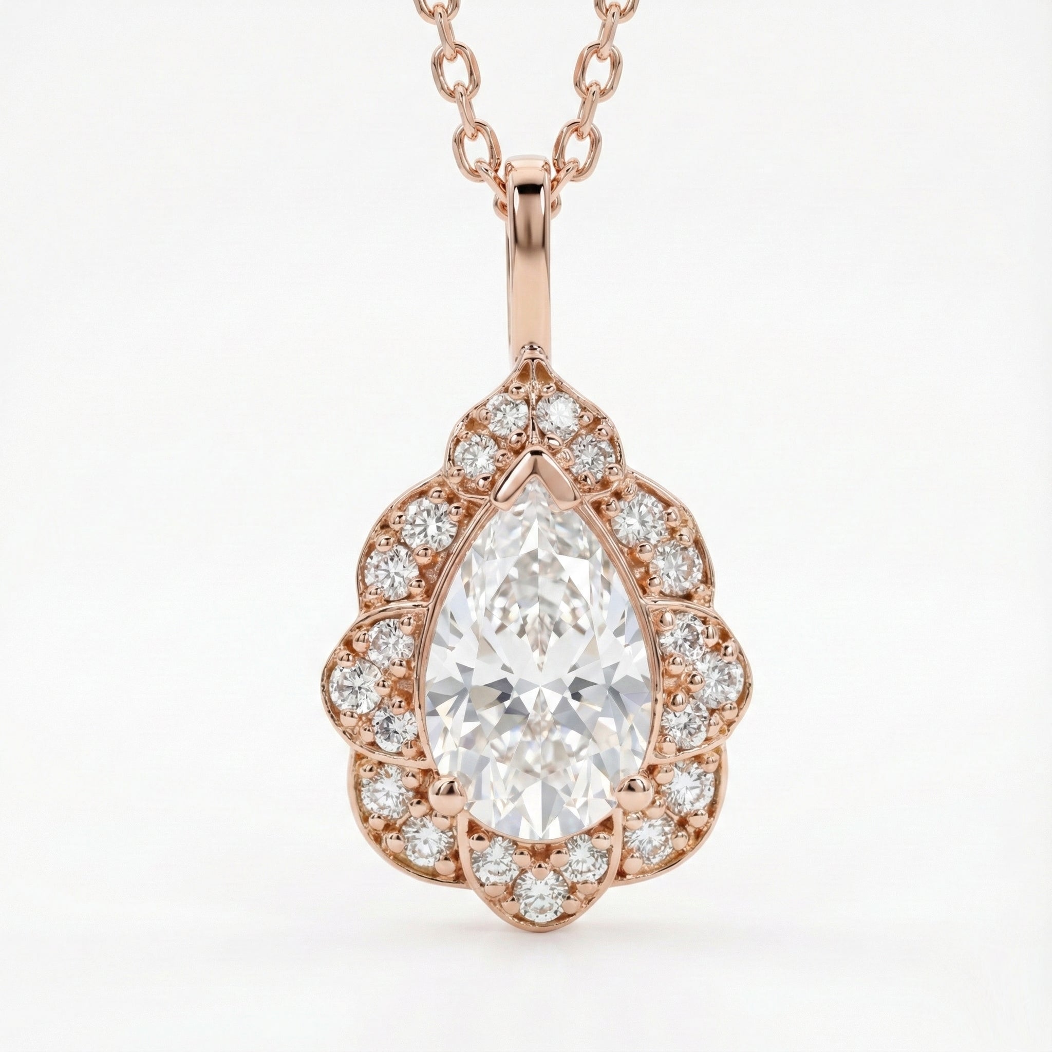 vintage floral halo diamond moissanite pendant rose gold pear moissanite necklace la more design jewelry