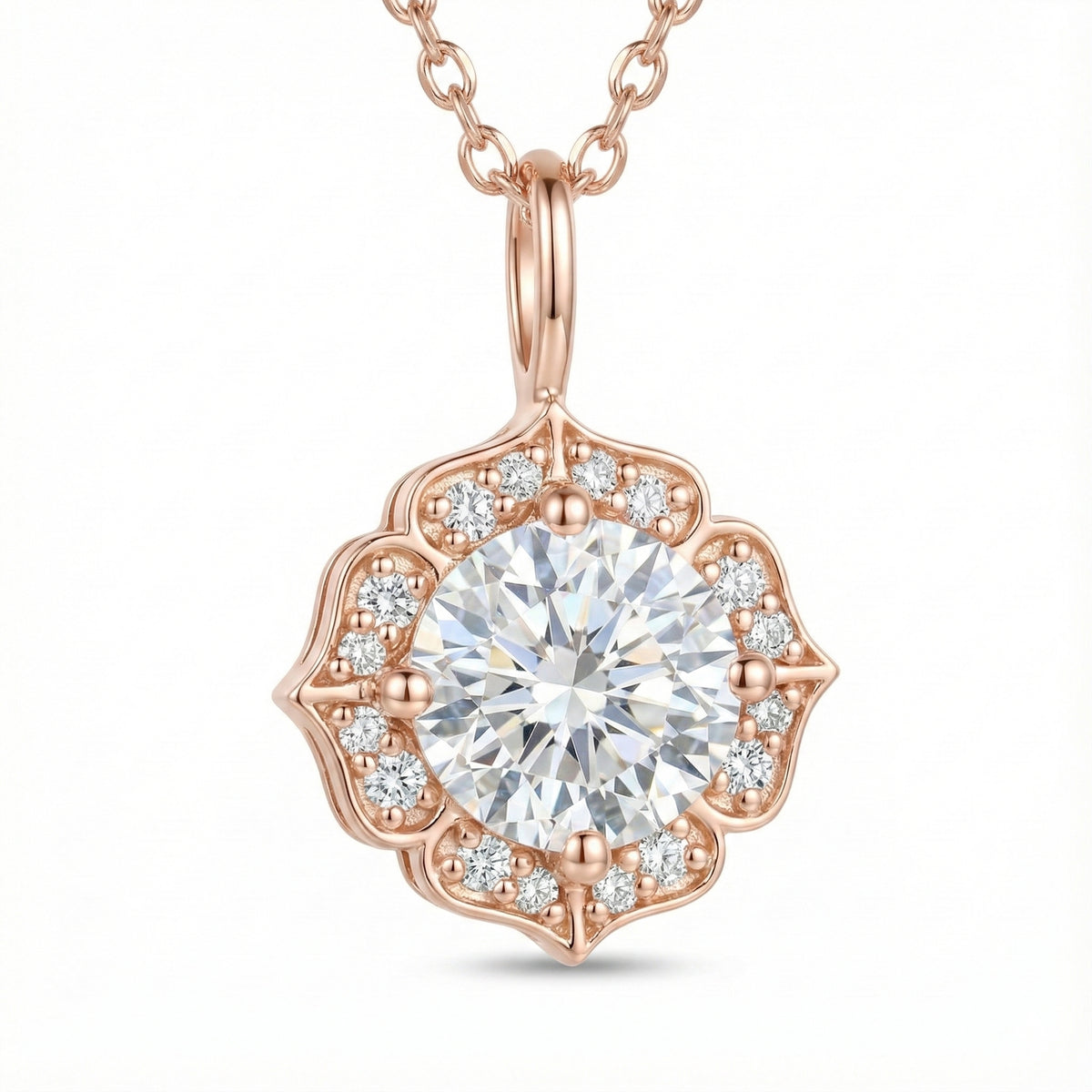 vintage floral halo diamond moissanite pendant rose gold round moissanite necklace la more design jewelry