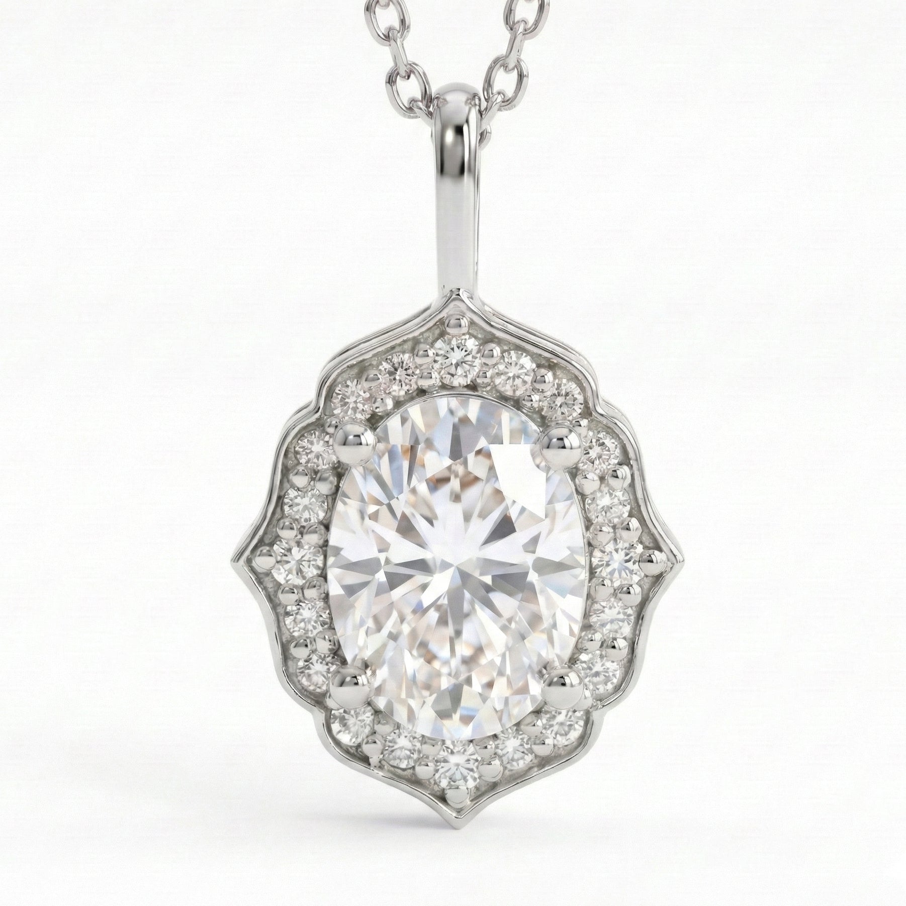 vintage floral halo diamond moissanite pendant white gold oval moissanite necklace la more design jewelry