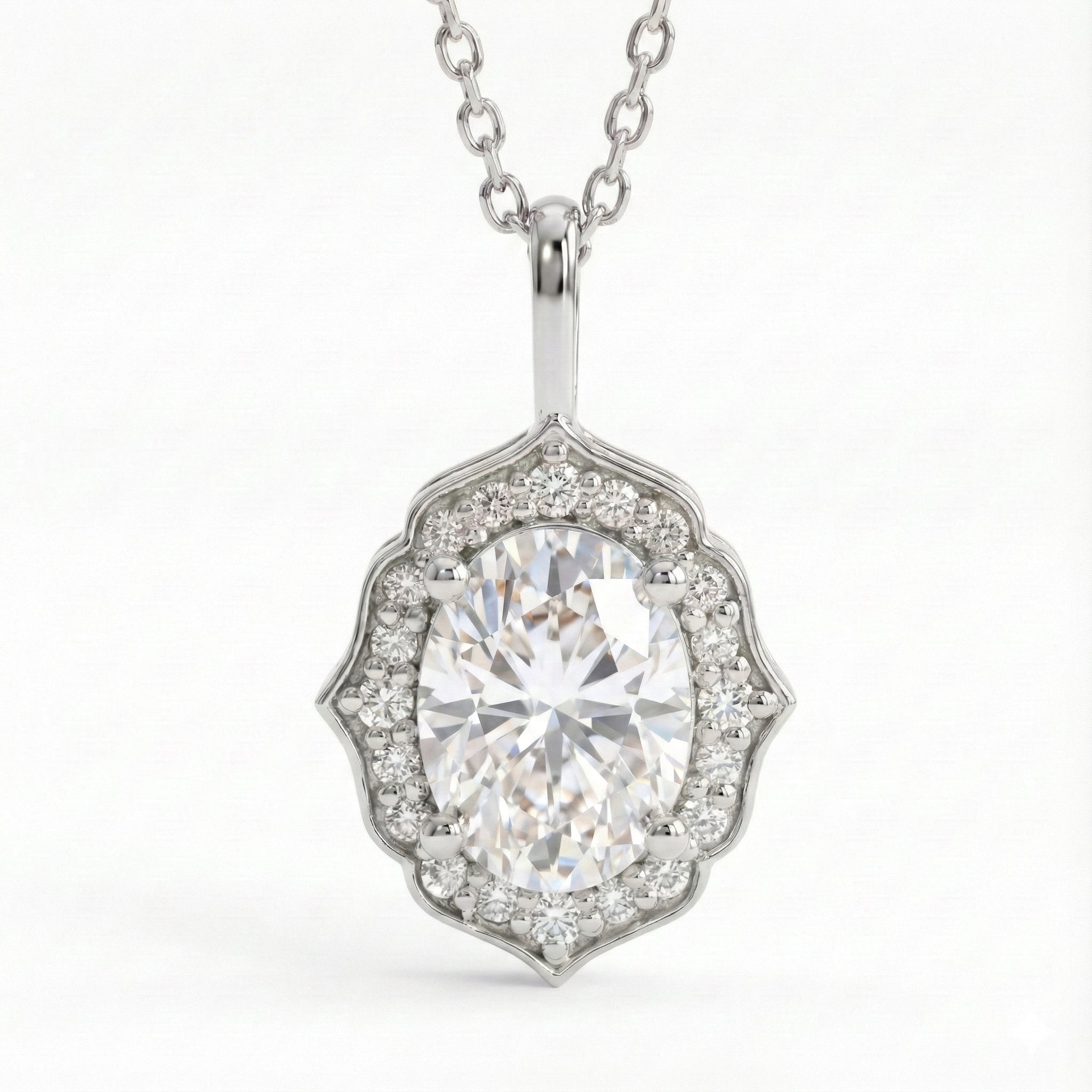 vintage floral halo diamond moissanite pendant white gold oval moissanite necklace la more design jewelry