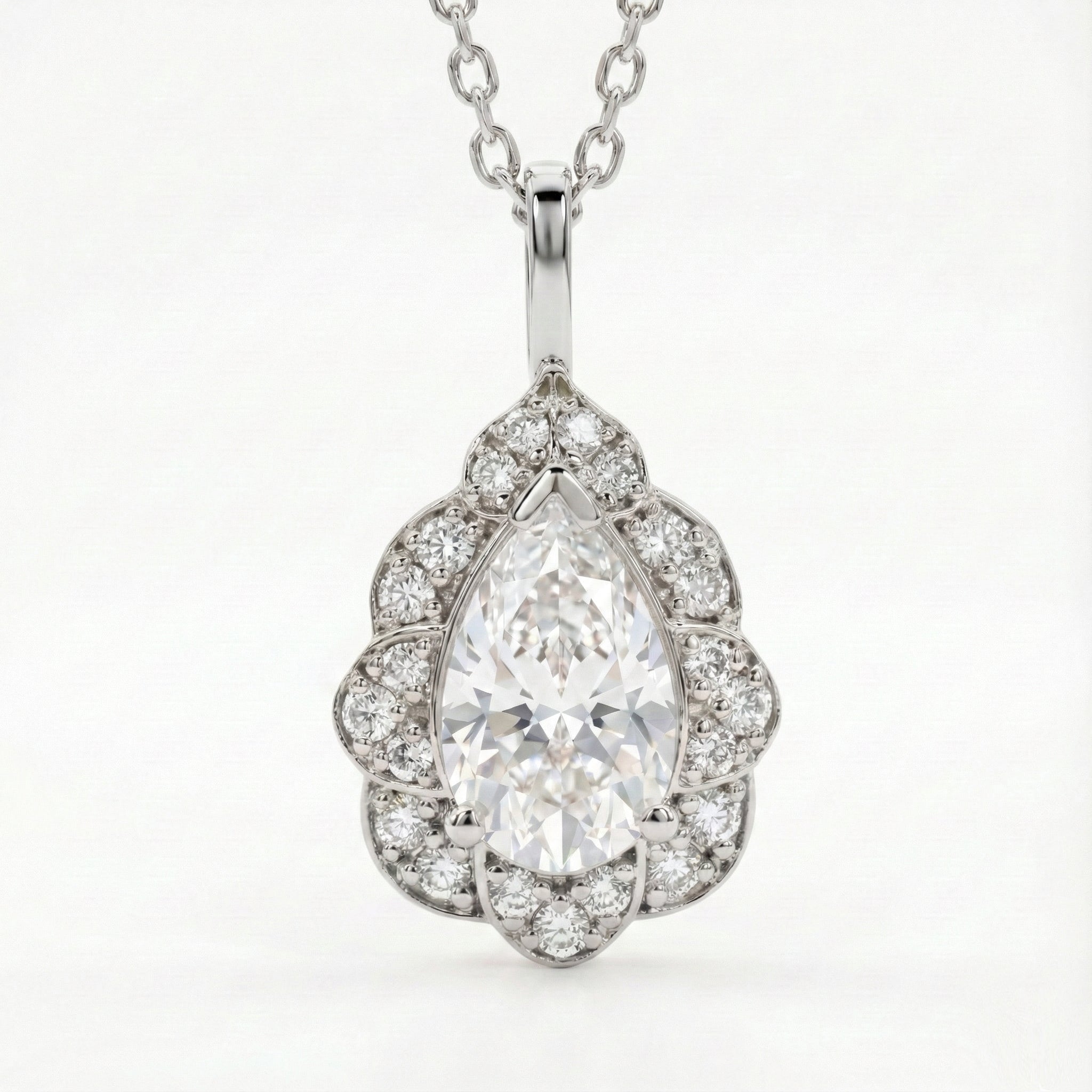 vintage floral halo diamond moissanite pendant white  gold pear moissanite necklace la more design jewelry