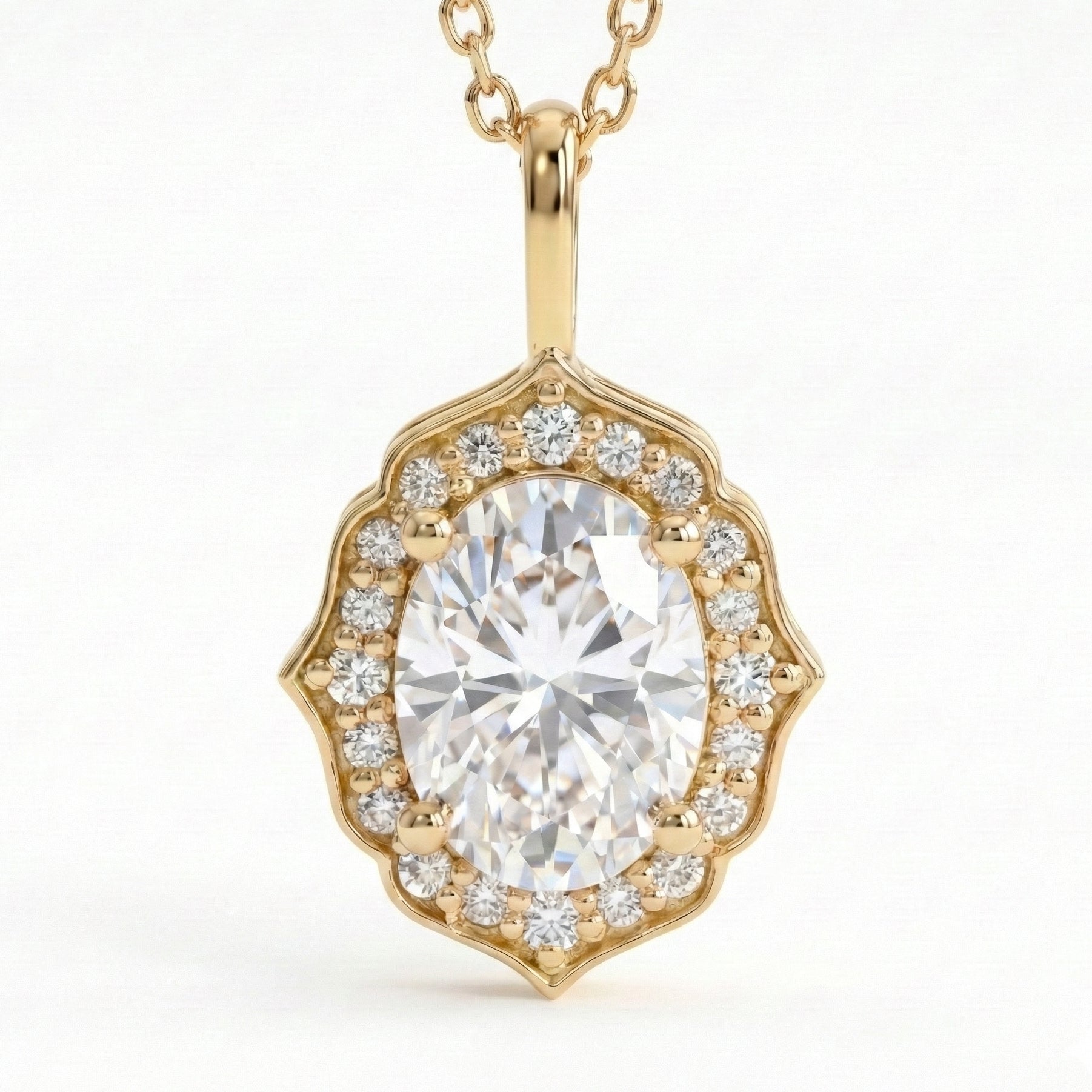 vintage floral halo diamond moissanite pendant yellow gold oval moissanite necklace la more design jewelry