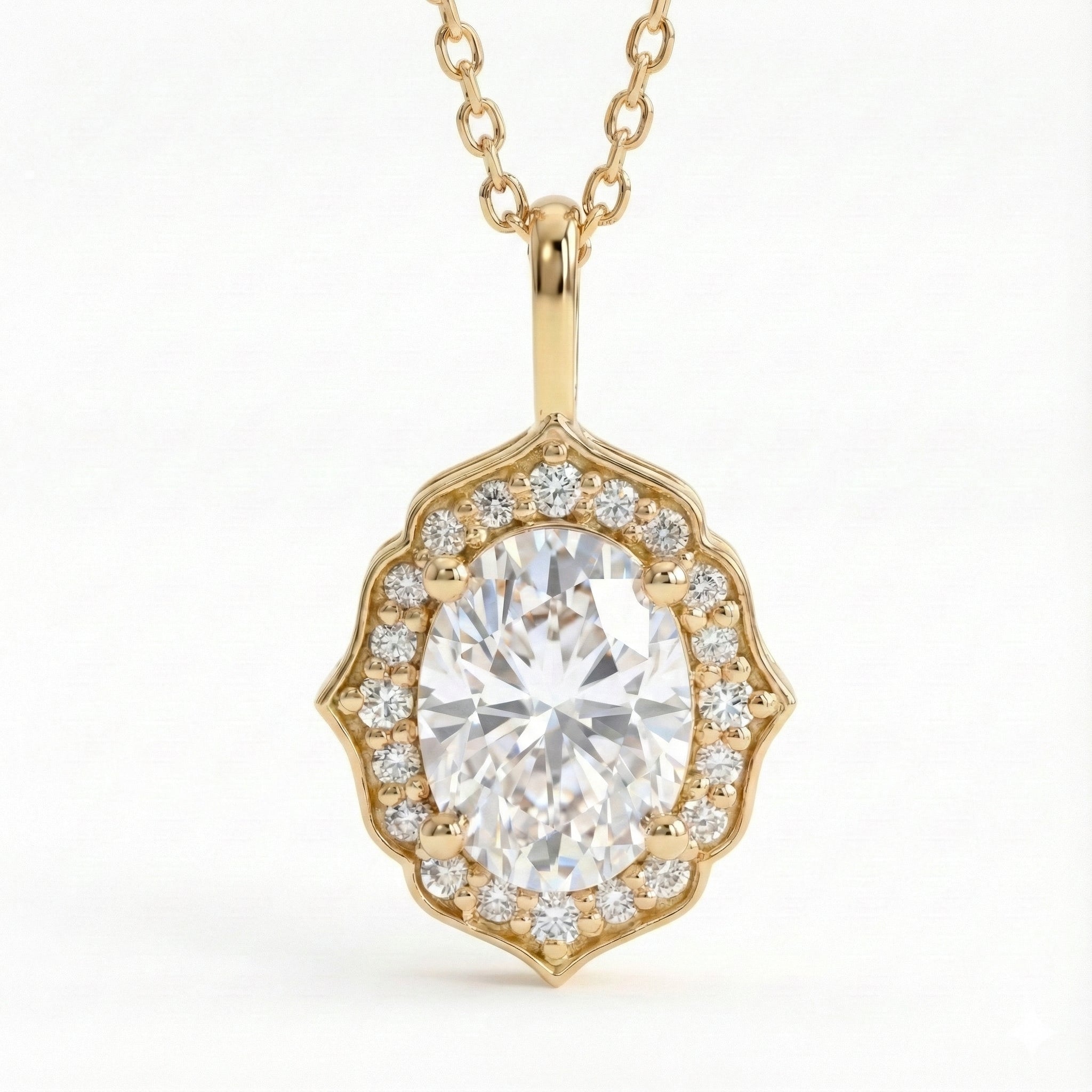 vintage floral halo diamond moissanite pendant yellow gold oval moissanite necklace la more design jewelry