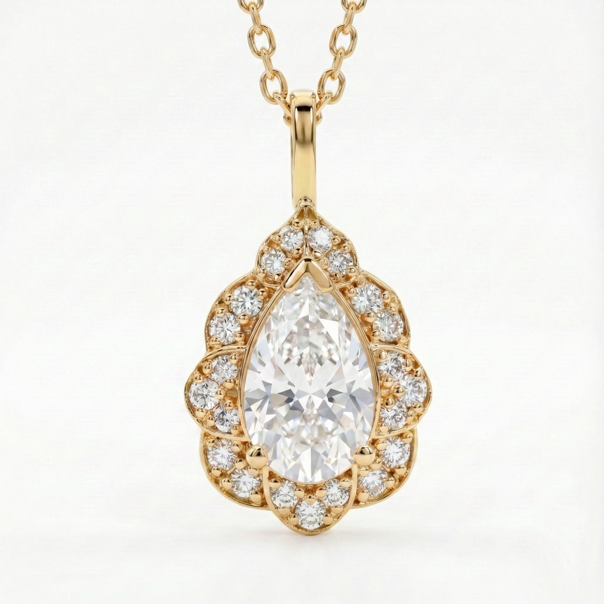 vintage floral halo diamond moissanite pendant yellow gold pear moissanite necklace la more design jewelry
