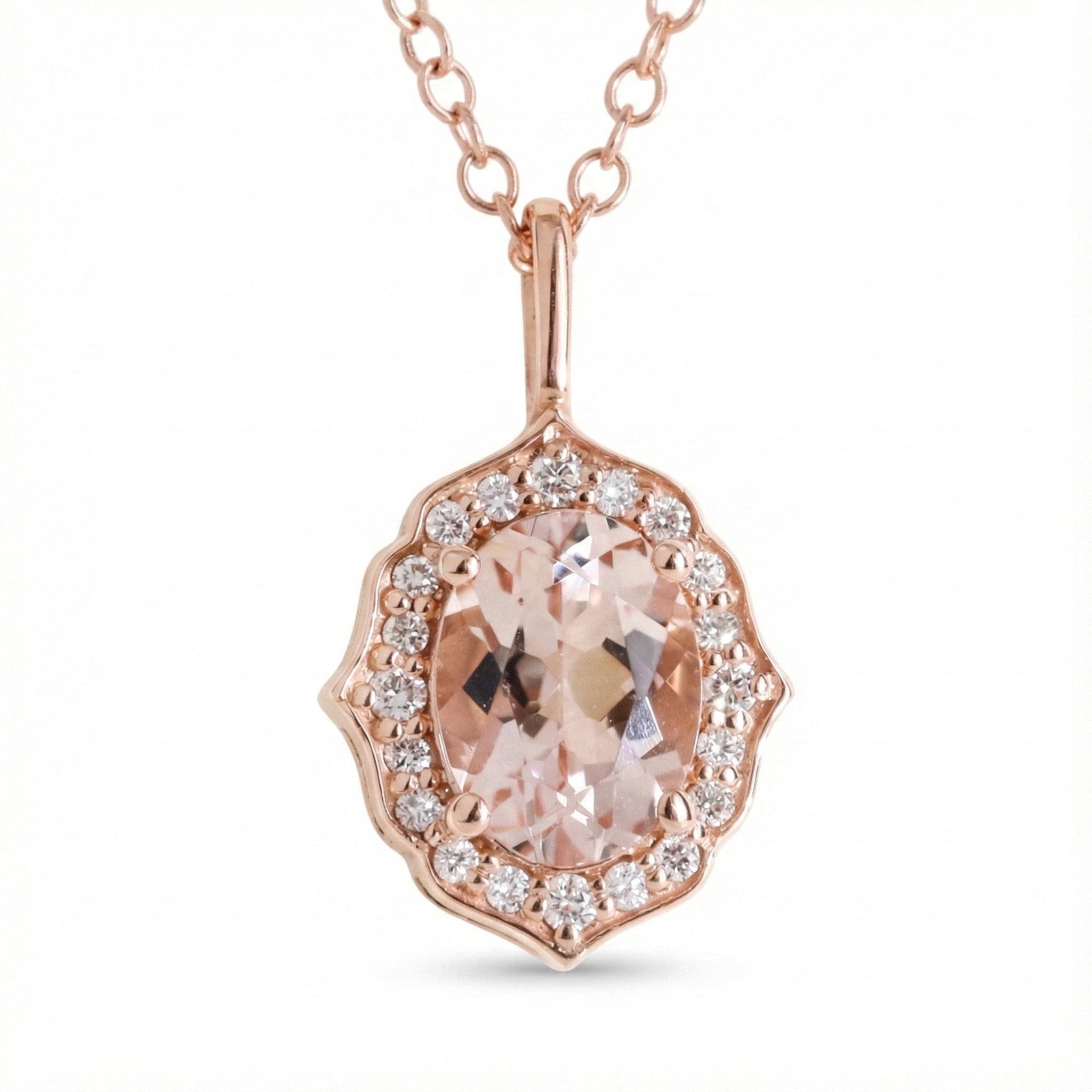 vintage floral halo diamond morganite pendant rose gold oval peach morganite necklace la more design jewelry