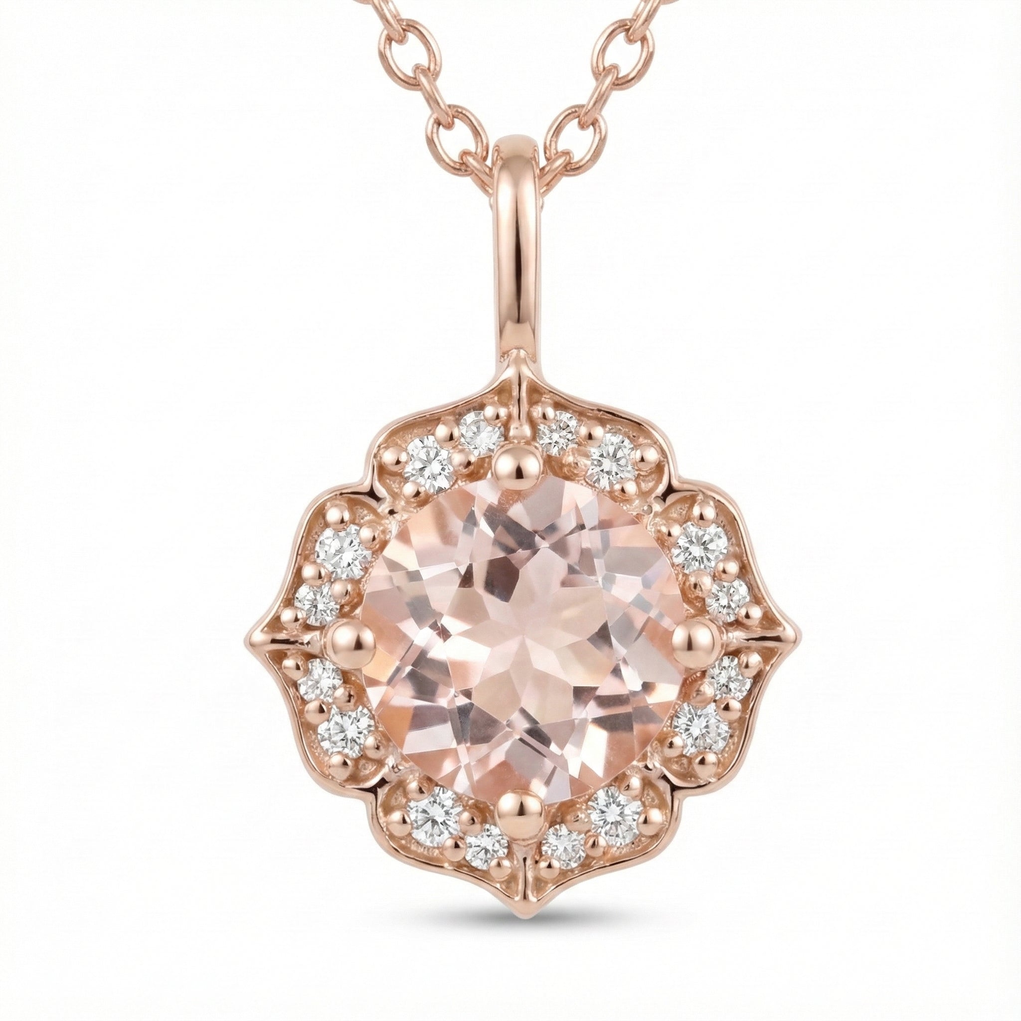 vintage floral halo diamond morganite pendant rose gold round peach morganite necklace la more design jewelry