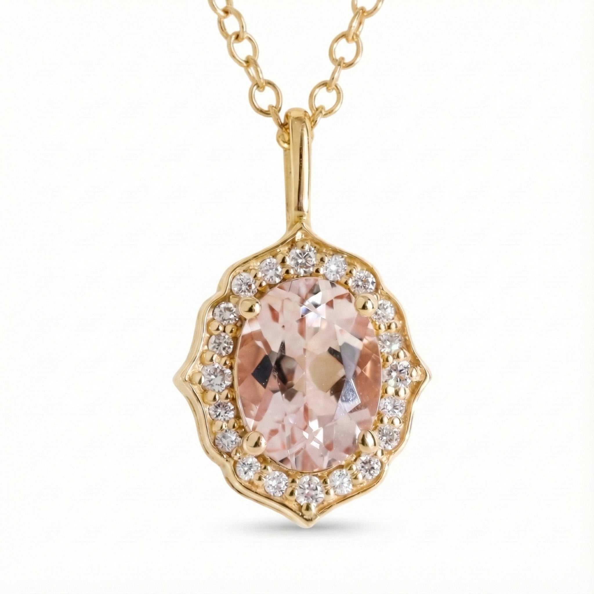 vintage floral halo diamond morganite pendant yellow gold oval peach morganite necklace la more design jewelry