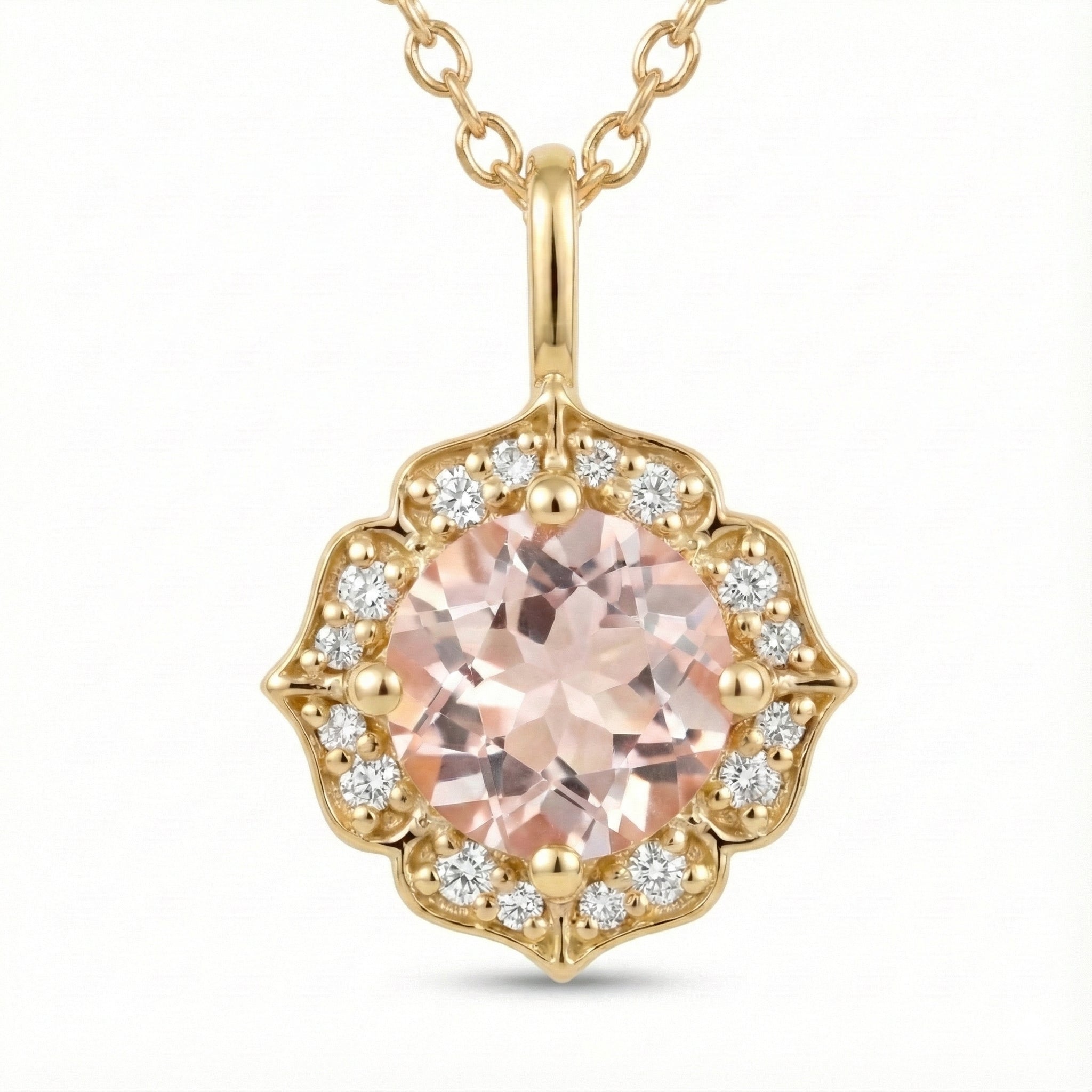 vintage floral halo diamond morganite pendant yellow gold round peach morganite necklace la more design jewelry