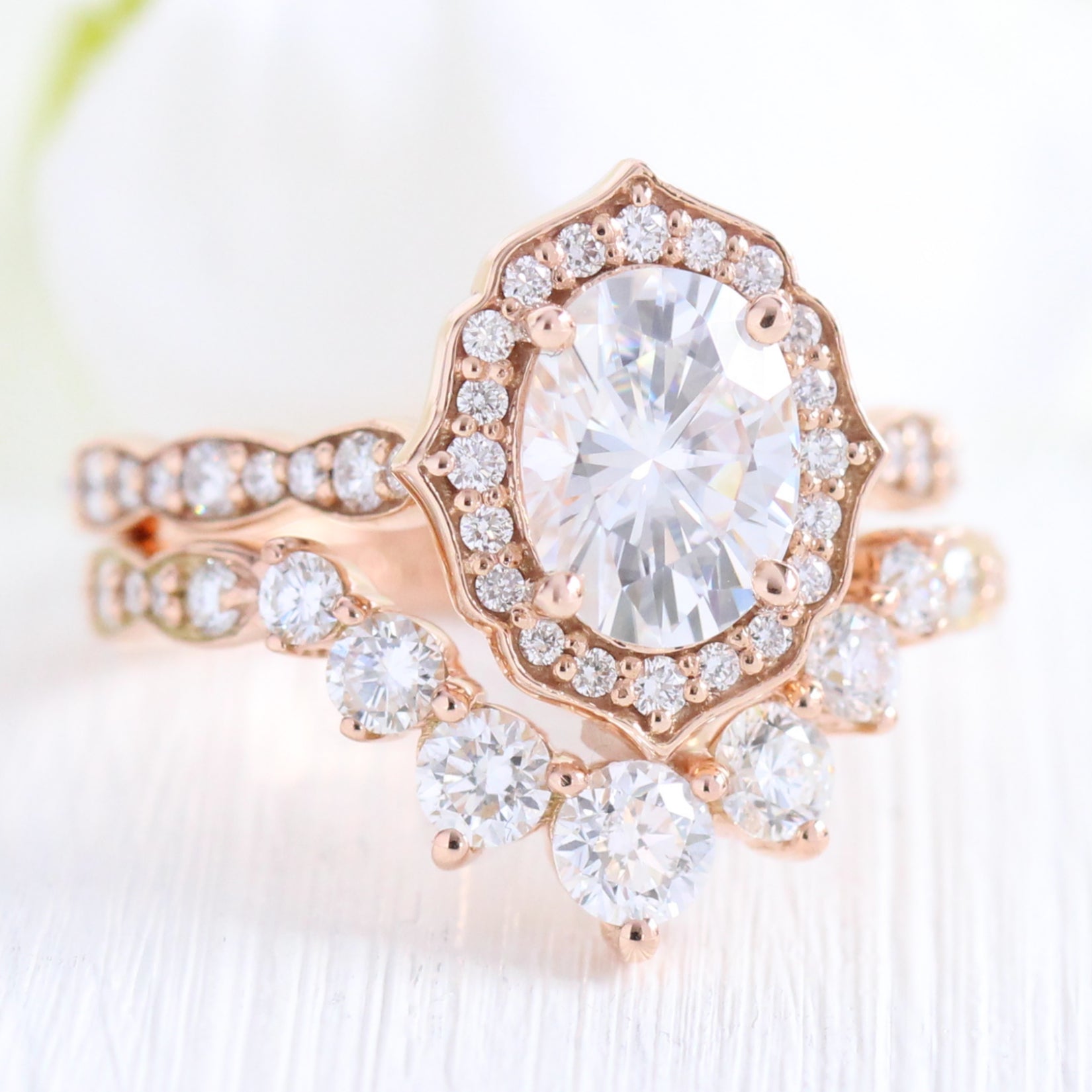 vintage floral moissanite ring bridal set rose gold large diamond curved wedding band la more design jewelry