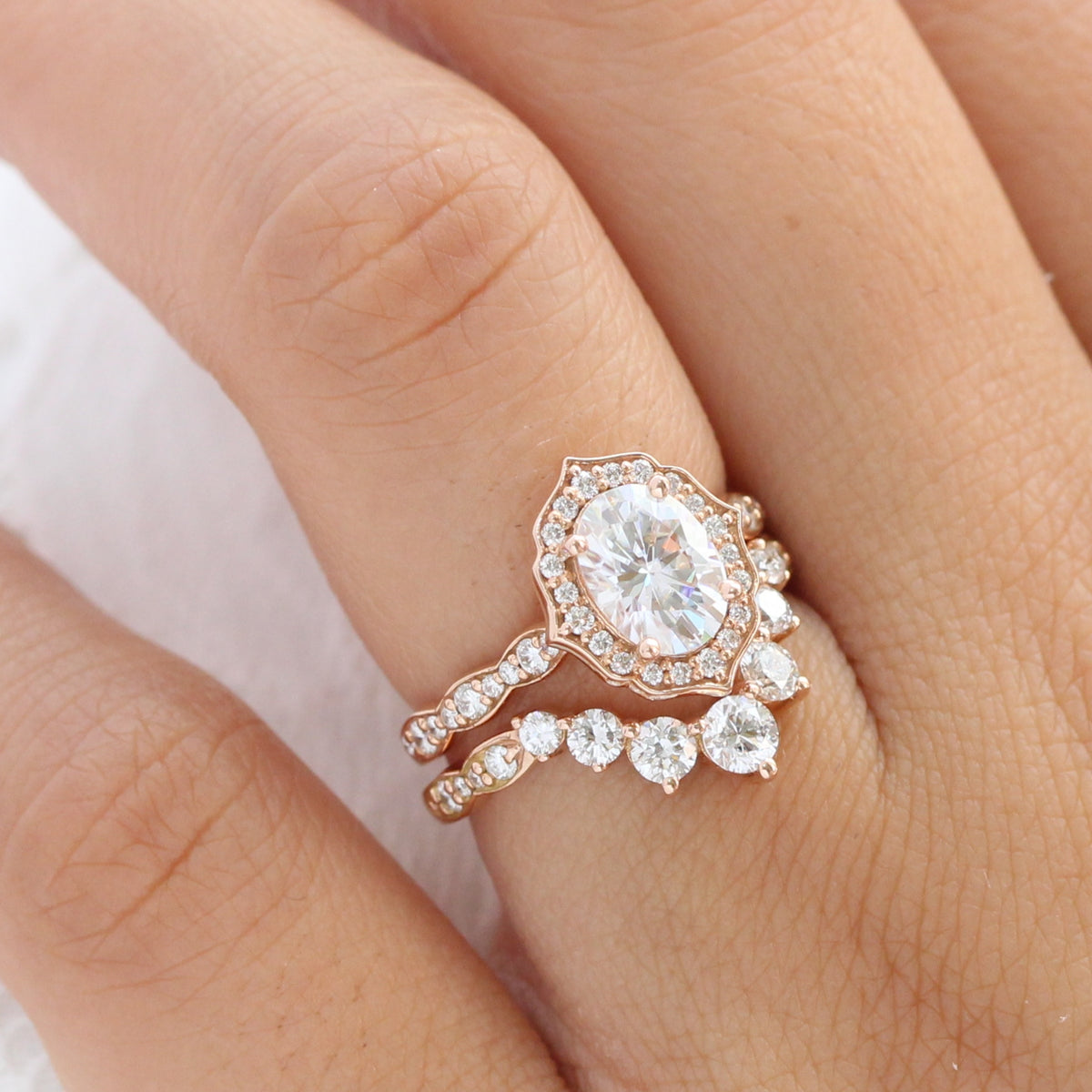 vintage floral moissanite ring bridal set rose gold large diamond curved wedding band la more design jewelry