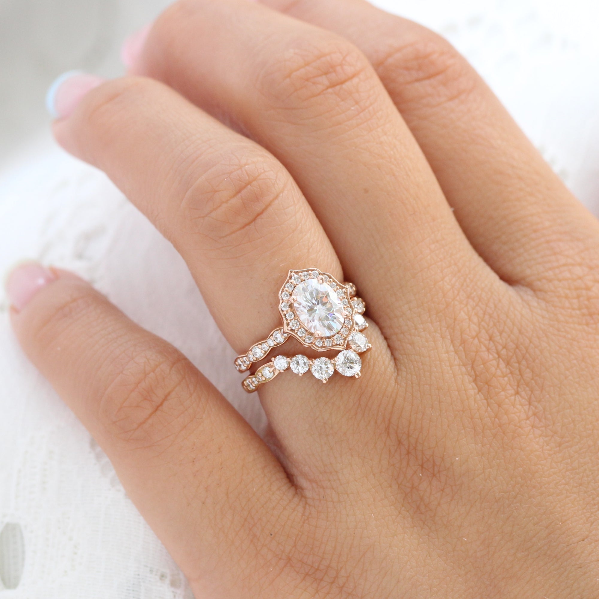 vintage floral moissanite ring bridal set rose gold large diamond curved wedding band la more design jewelry