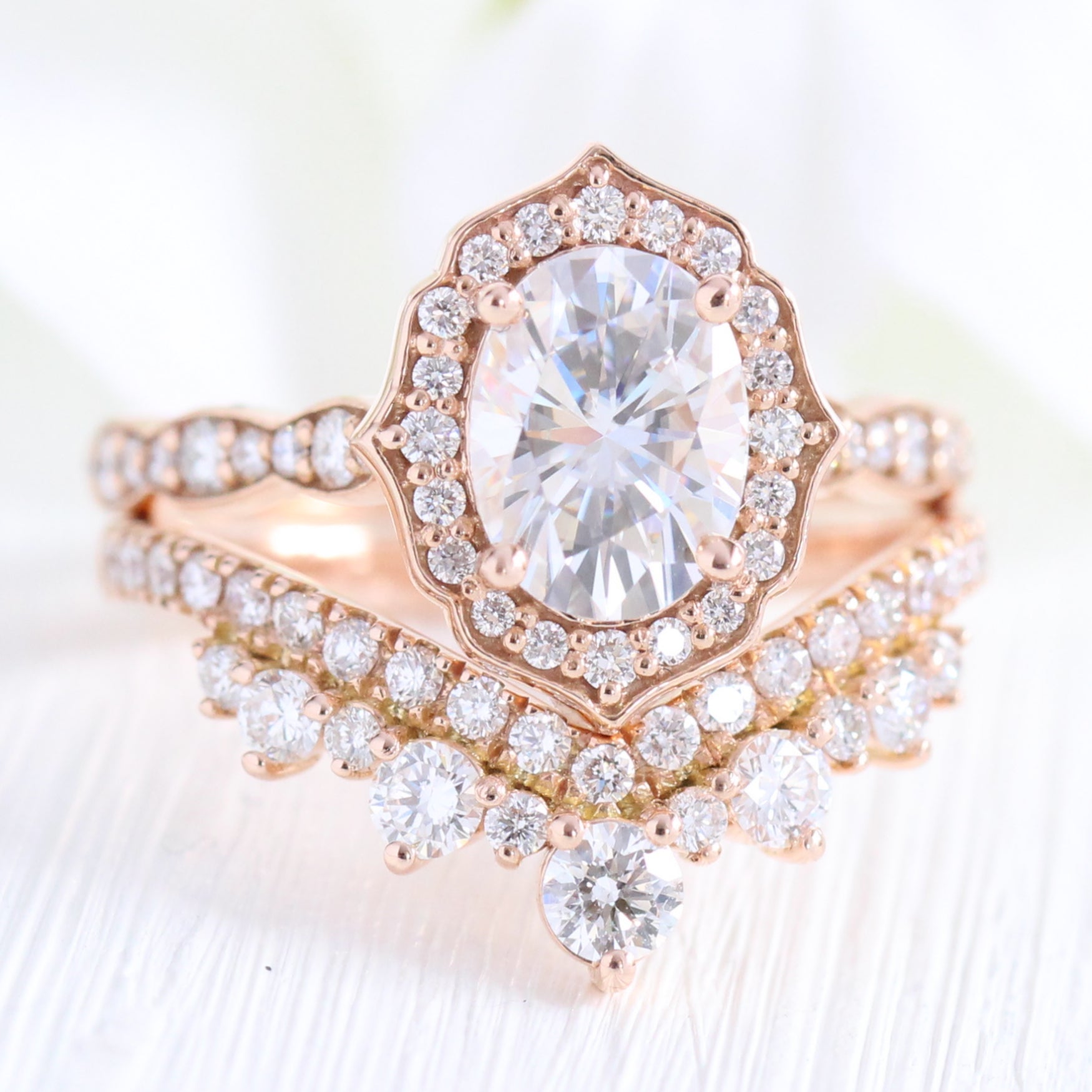 vintage floral moissanite ring bridal set rose gold large diamond curved wedding band la more design jewelry