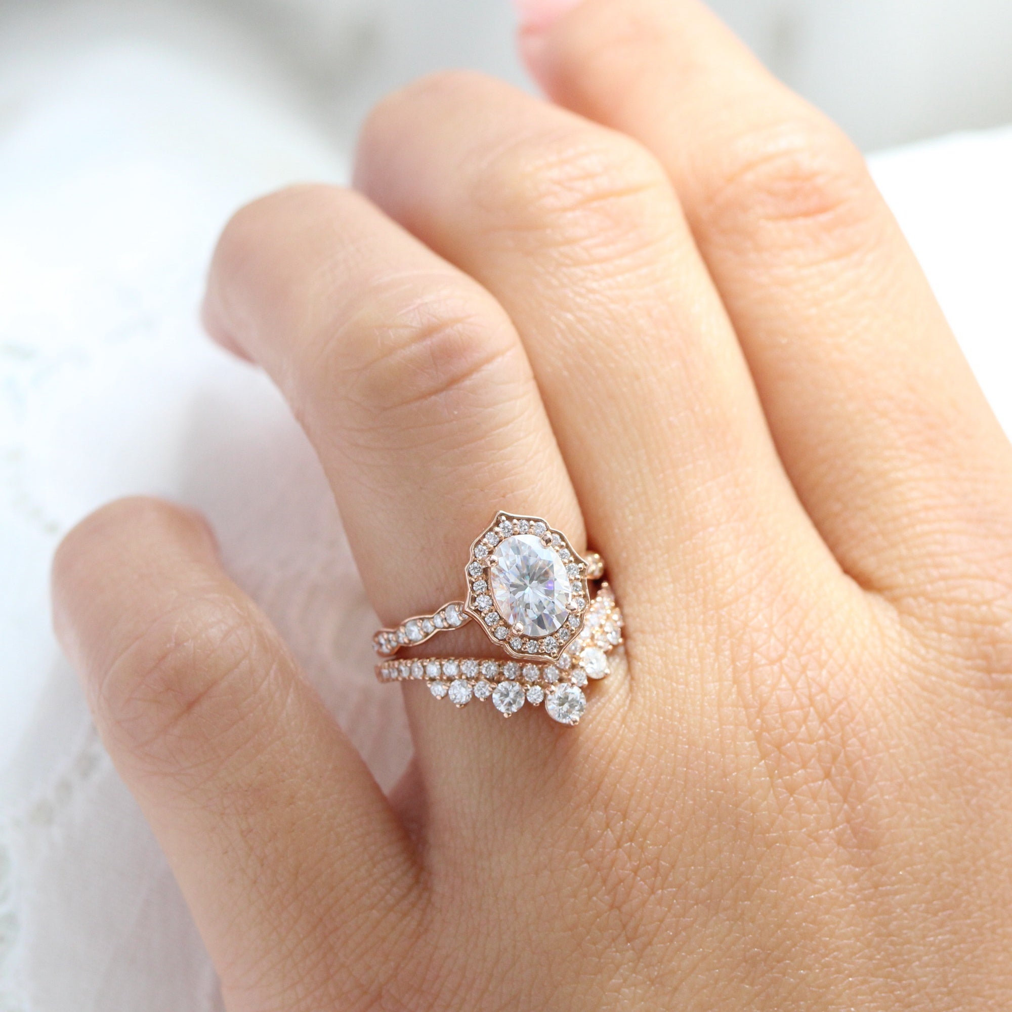 vintage floral moissanite ring bridal set rose gold large diamond curved wedding band la more design jewelry