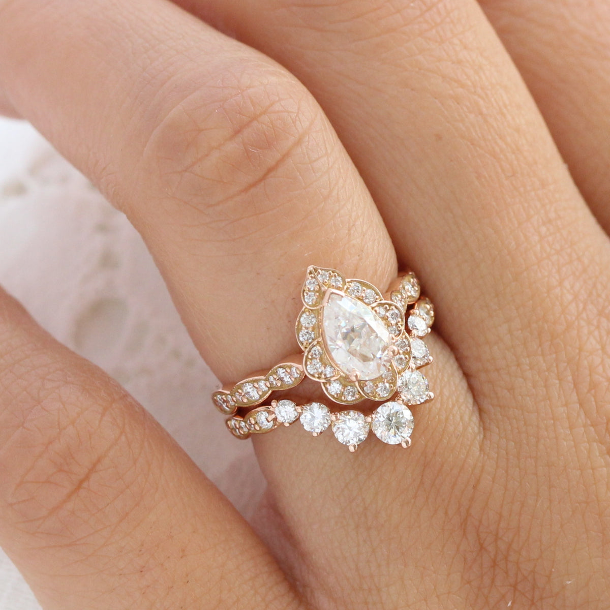 vintage floral pear moissanite ring bridal set rose gold large diamond curved wedding band la more design jewelry