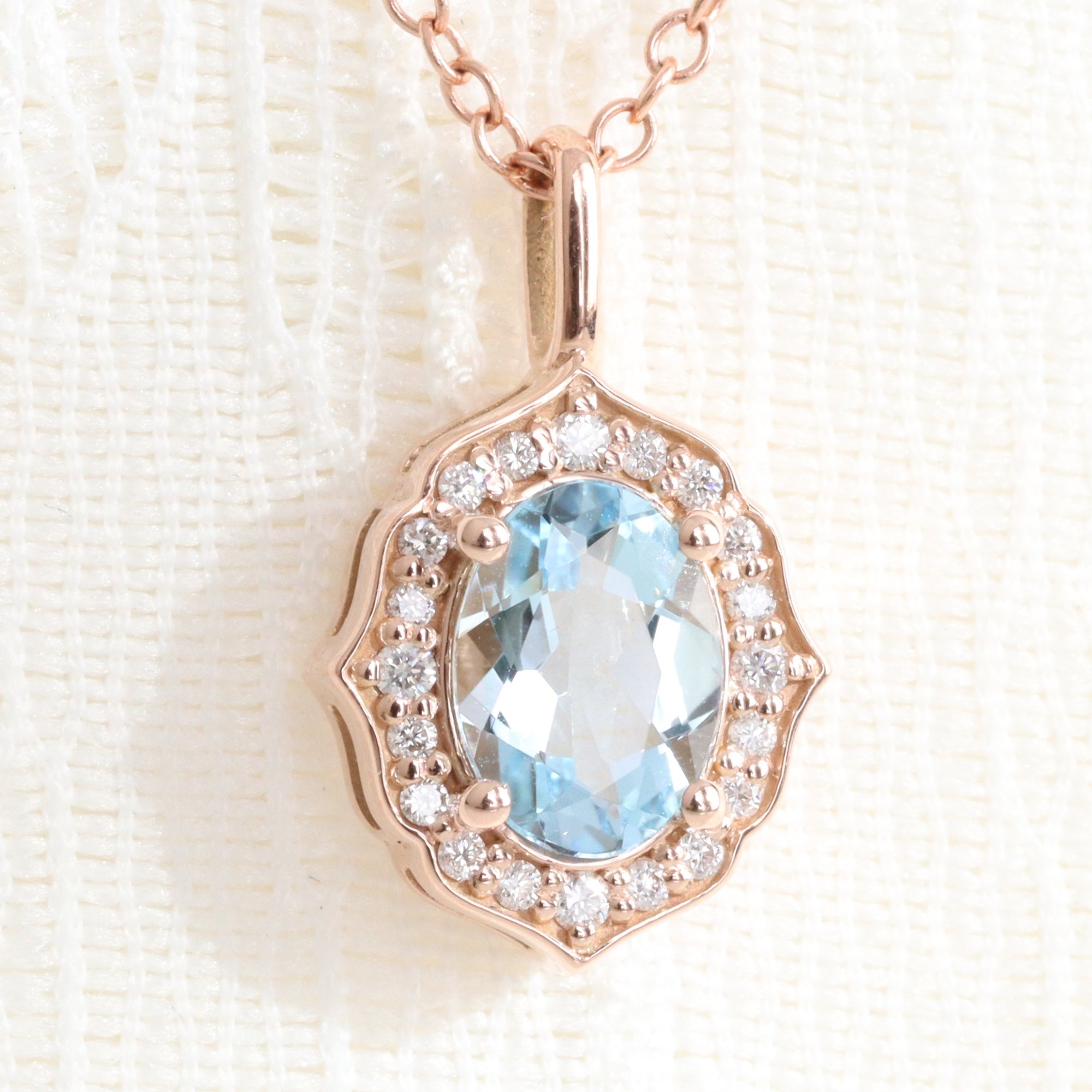 vintage halo diamond aquamarine pendant rose gold oval aquamarine necklace la more design jewelry