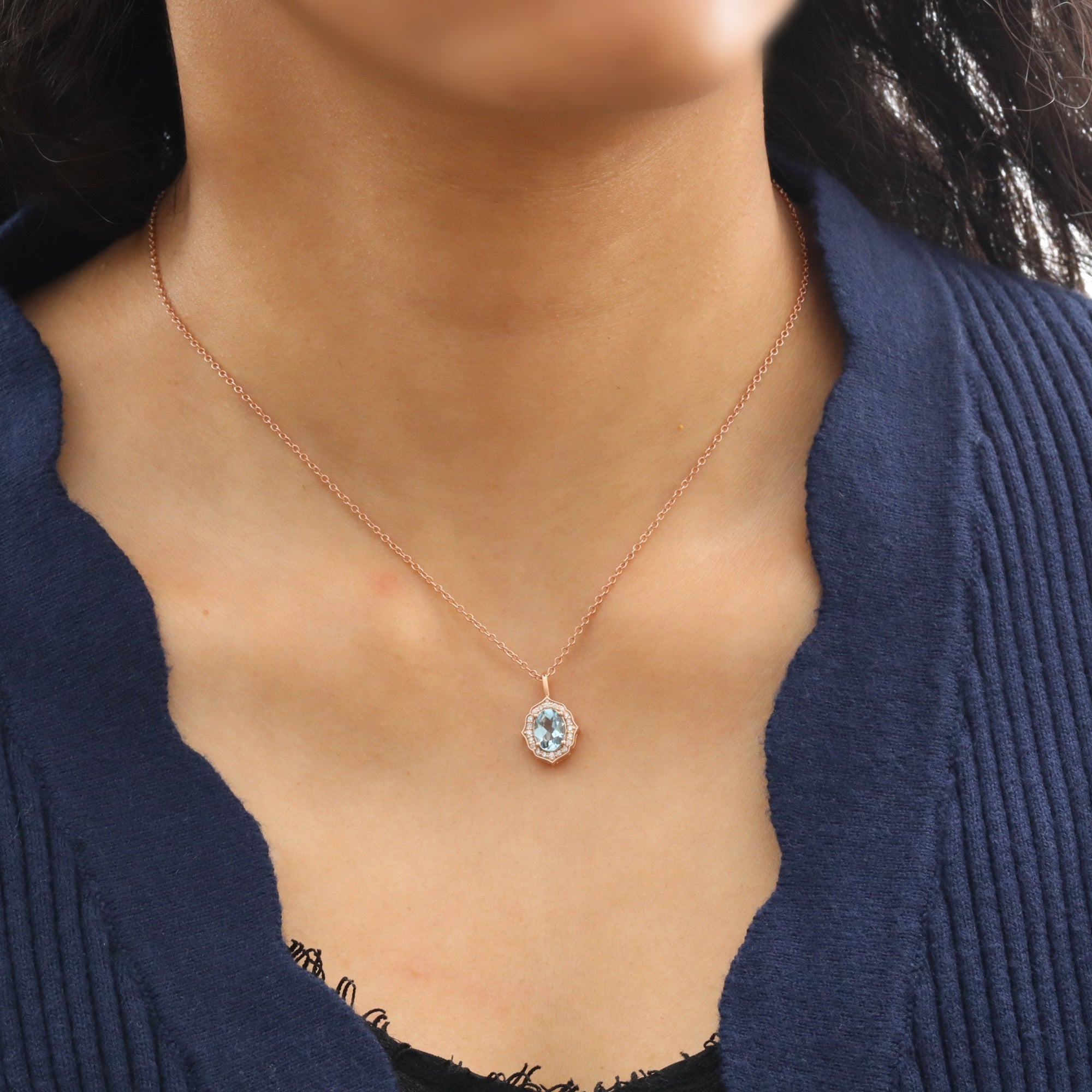vintage halo diamond aquamarine pendant rose gold oval aquamarine necklace la more design jewelry