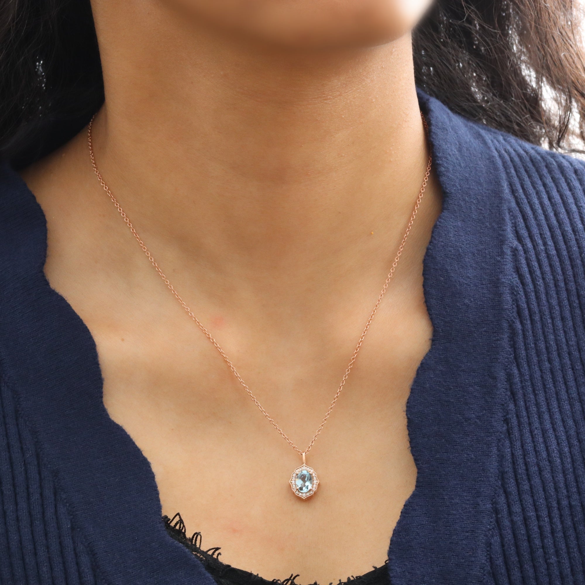 vintage halo diamond aquamarine pendant rose gold oval aquamarine necklace la more design jewelry