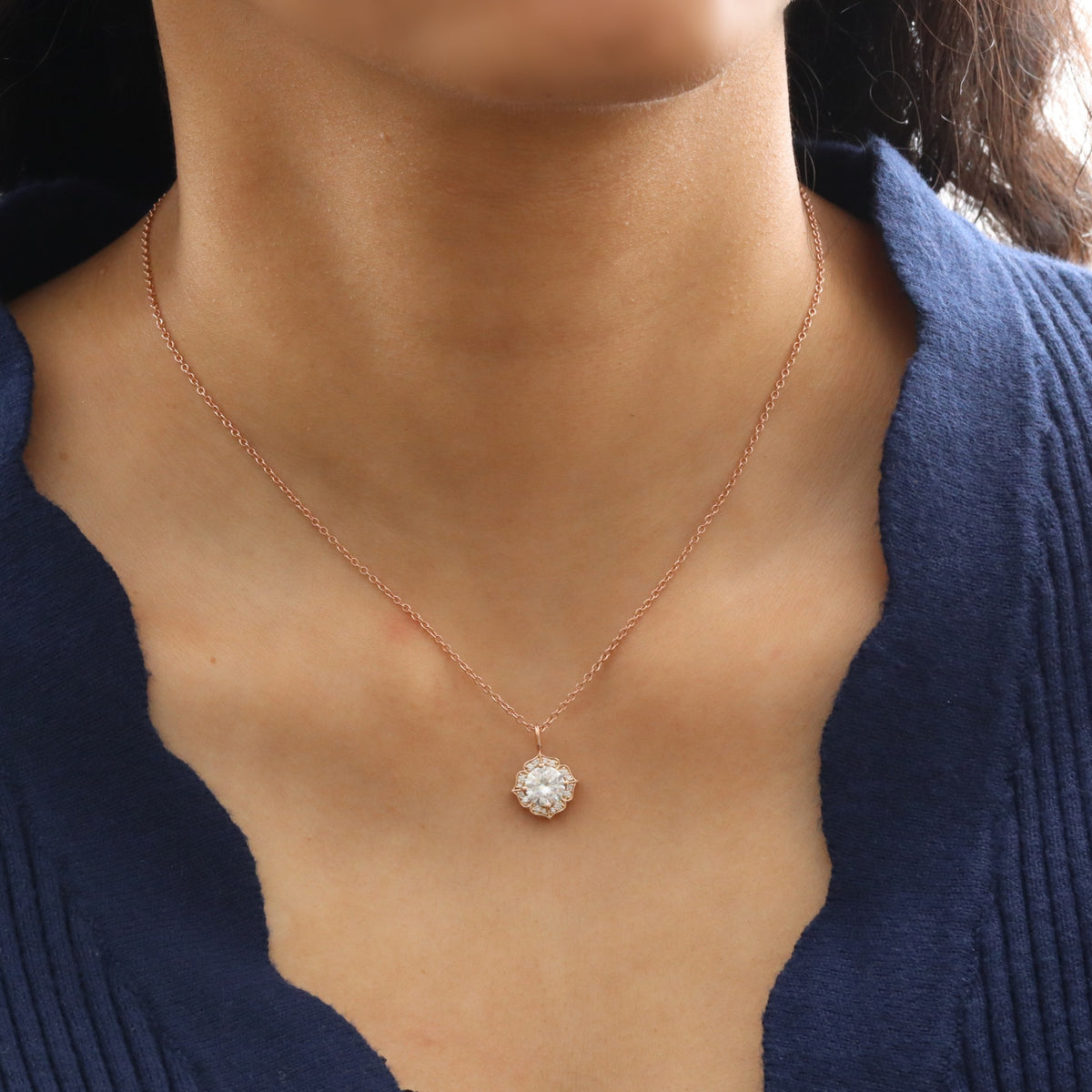 vintage halo diamond moissanite pendant rose gold drop necklace la more design jewelry