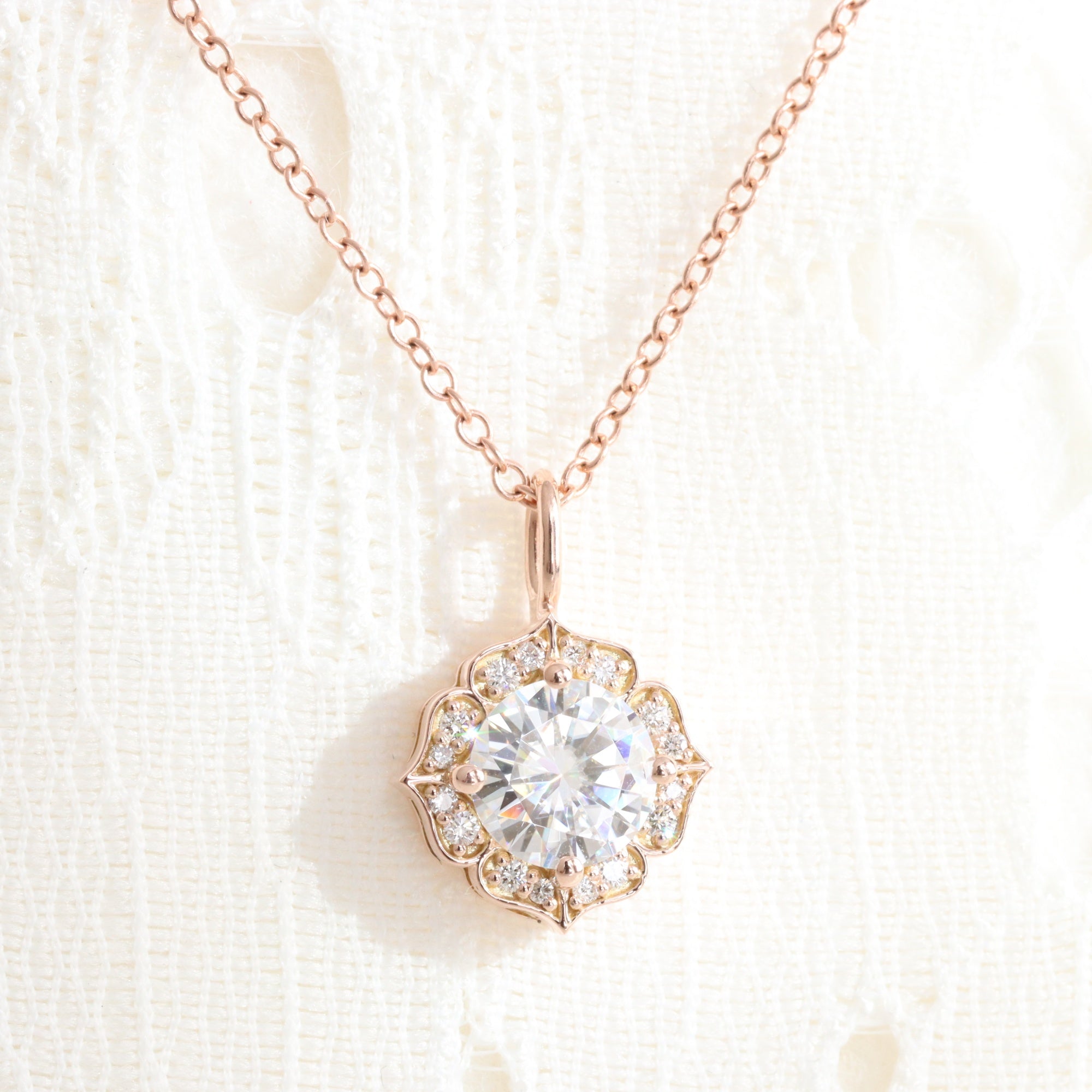 vintage halo diamond moissanite pendant rose gold drop necklace la more design jewelry