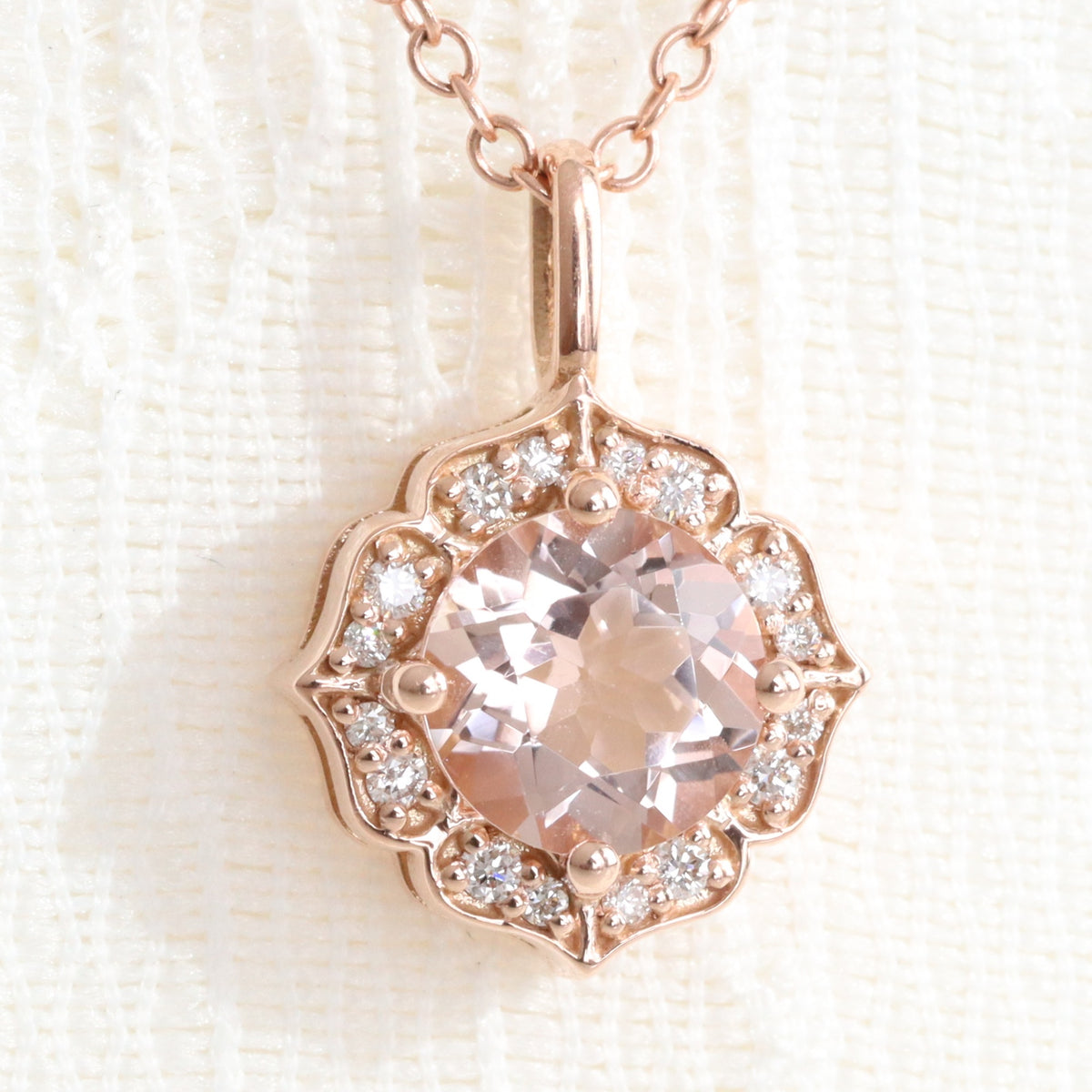 vintage halo diamond morganite necklace rose gold drop morganite pendant la more design jewelry
