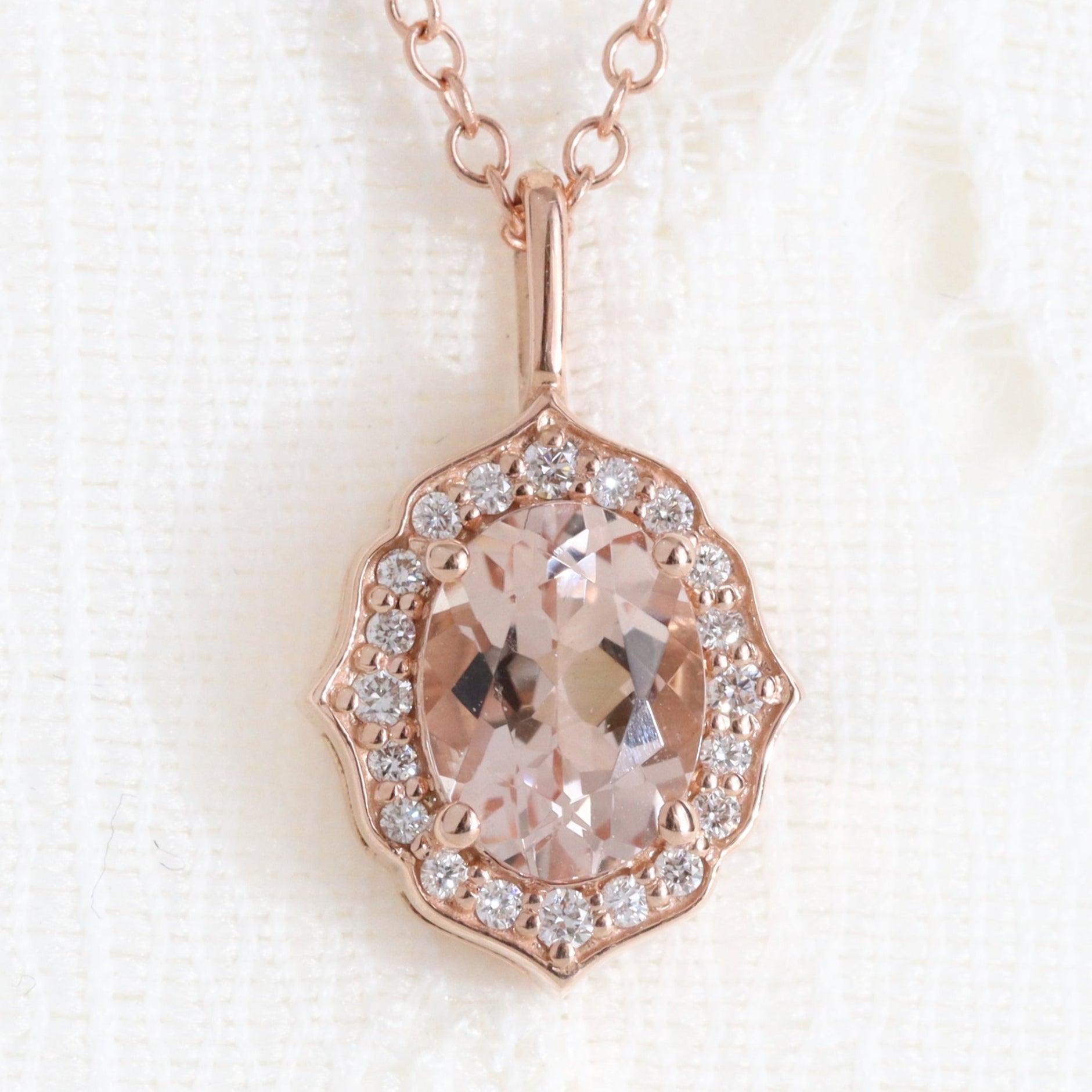 vintage halo diamond morganite pendant rose gold oval morganite necklace la more design jewelry