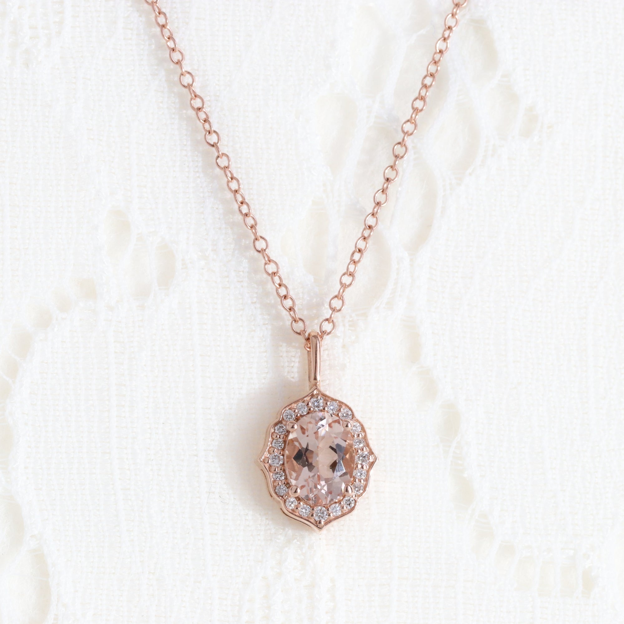 vintage halo diamond morganite pendant rose gold oval morganite necklace la more design jewelry