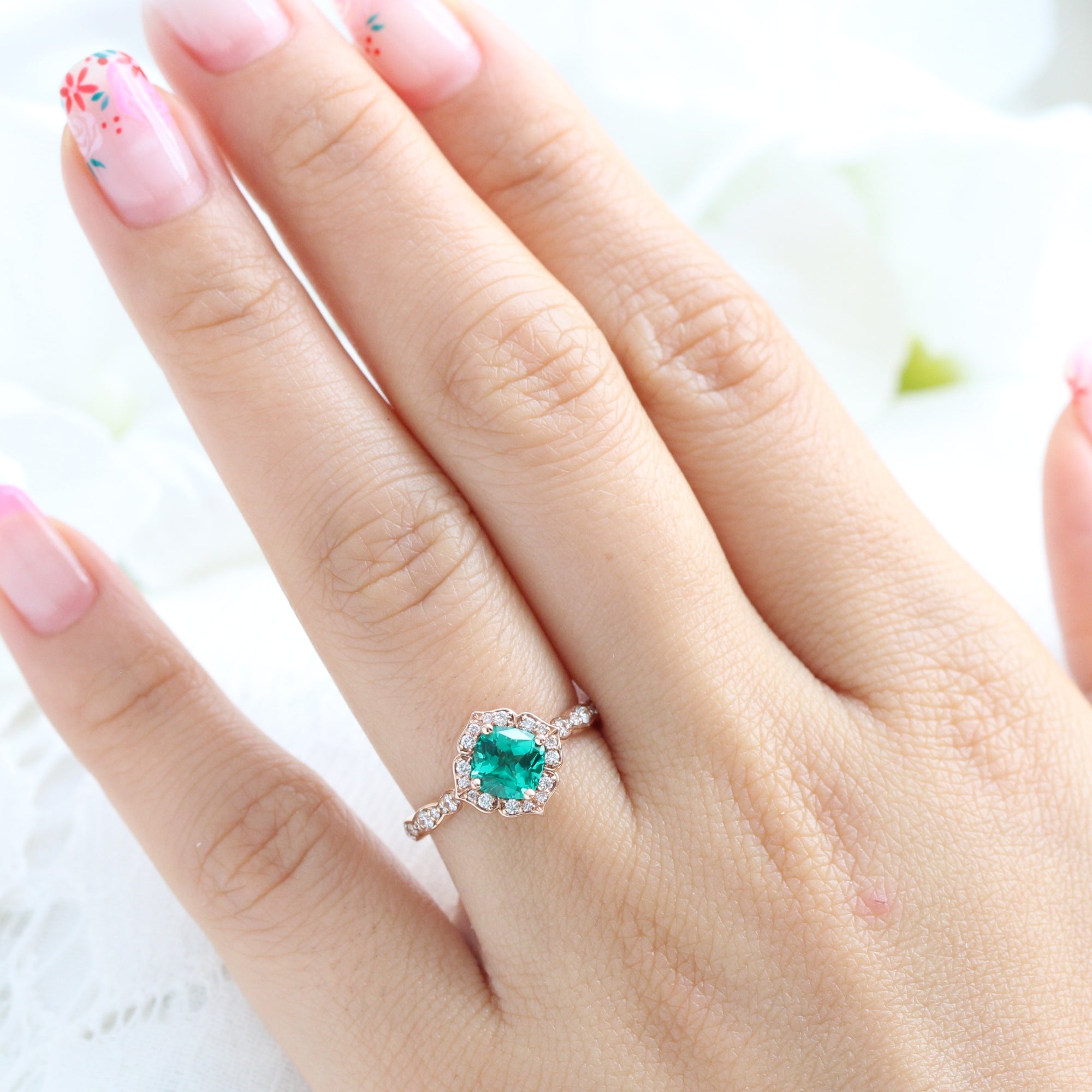 vintage style emerald engagement ring rose gold emerald diamond cluster ring by la more design jewelry