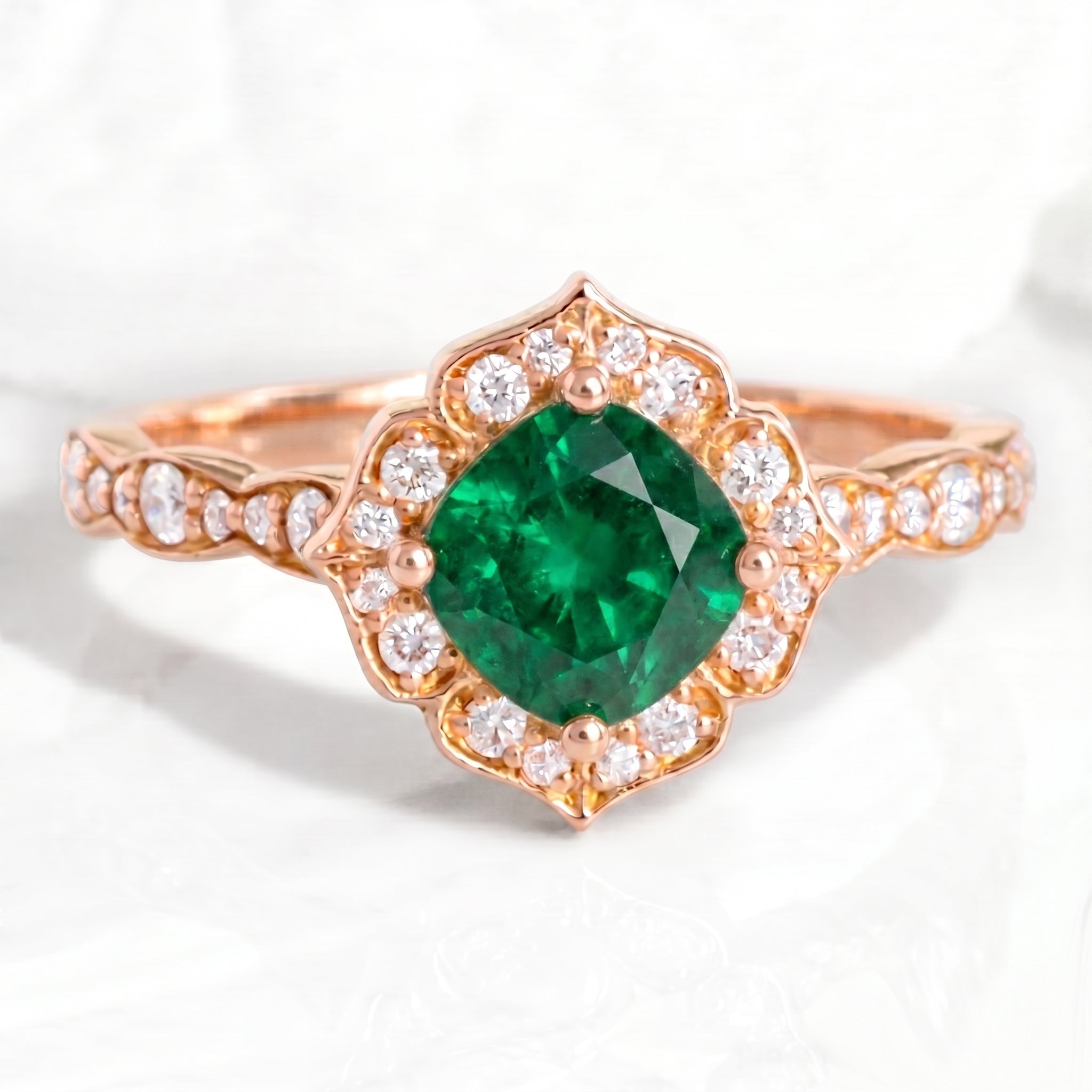 vintage style emerald engagement ring rose gold emerald diamond cluster ring by la more design jewelry