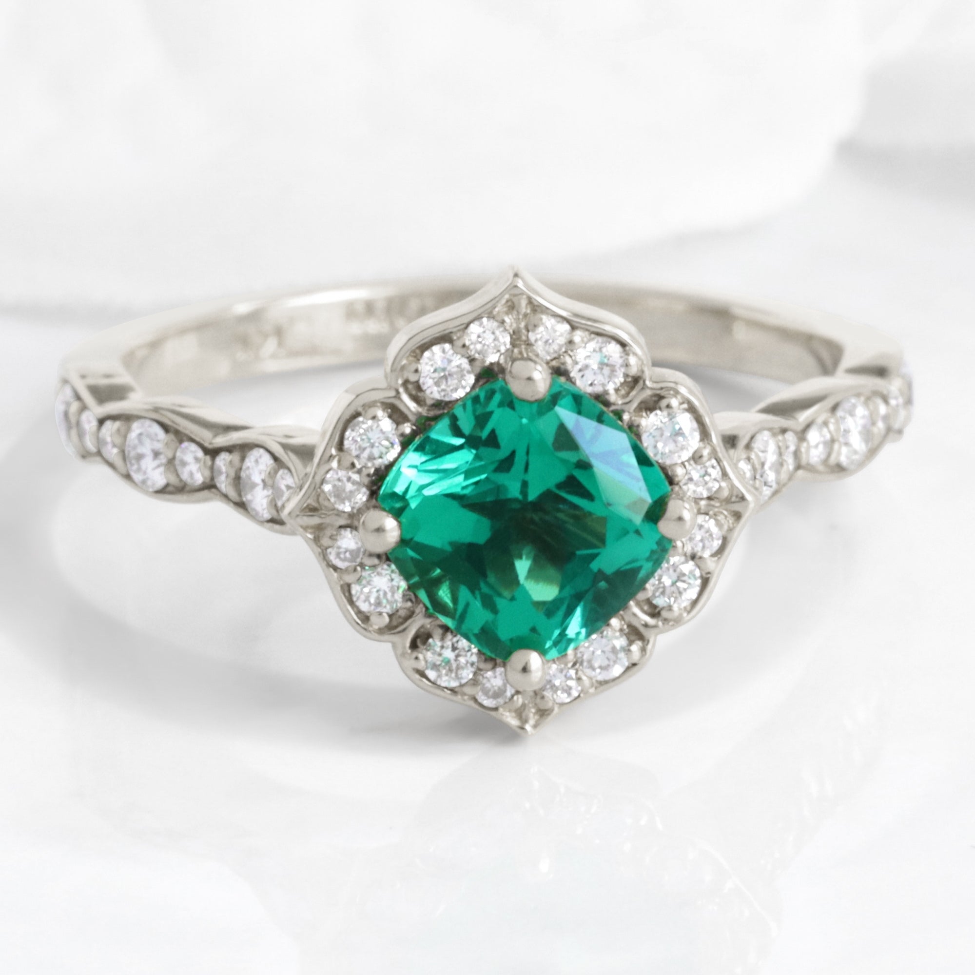 vintage style emerald engagement ring white gold emerald diamond cluster ring by la more design jewelry