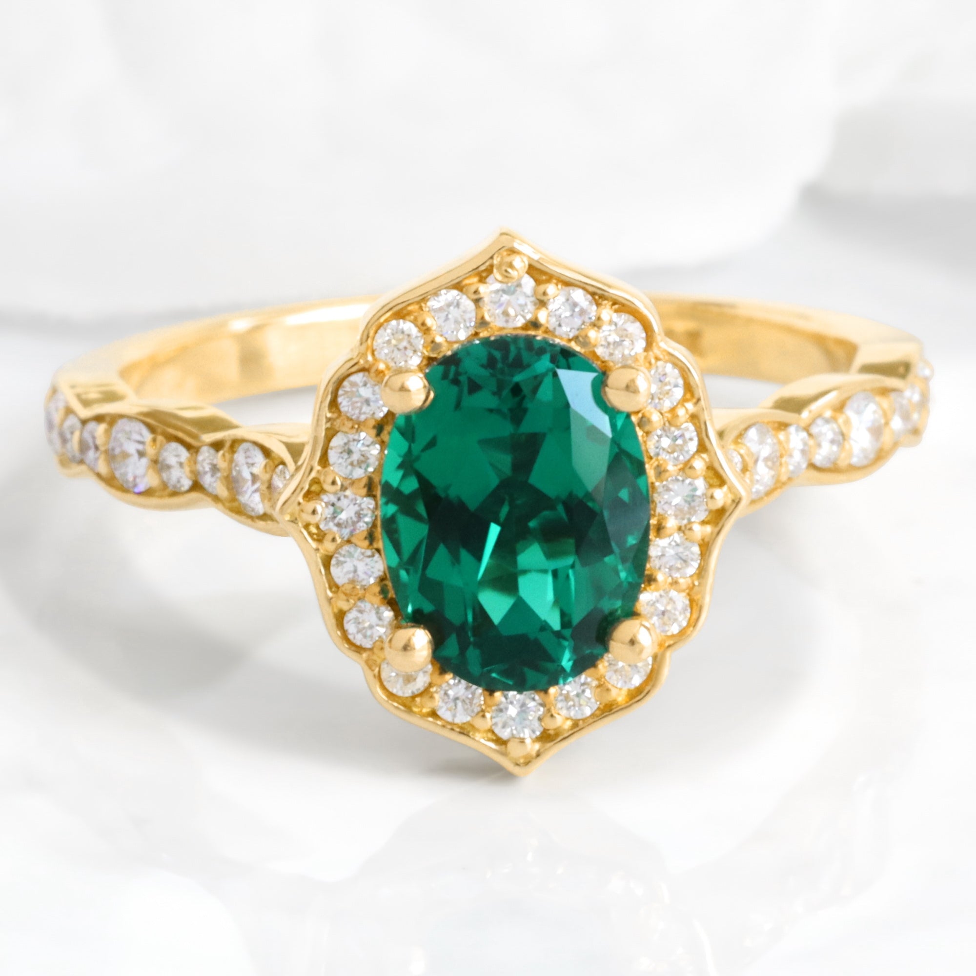 vintage style emerald engagement ring yellow gold oval emerald diamond ring la more design jewelry