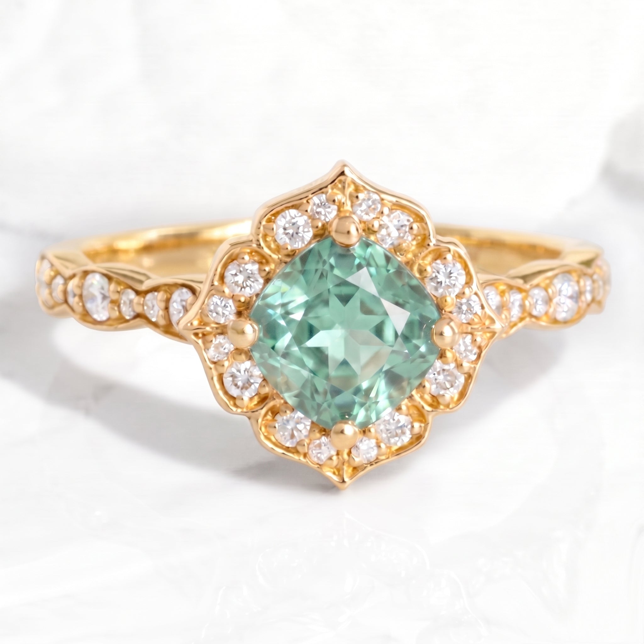 vintage style green sapphire engagement ring yellow gold diamond sapphire cluster ring la more design jewelry