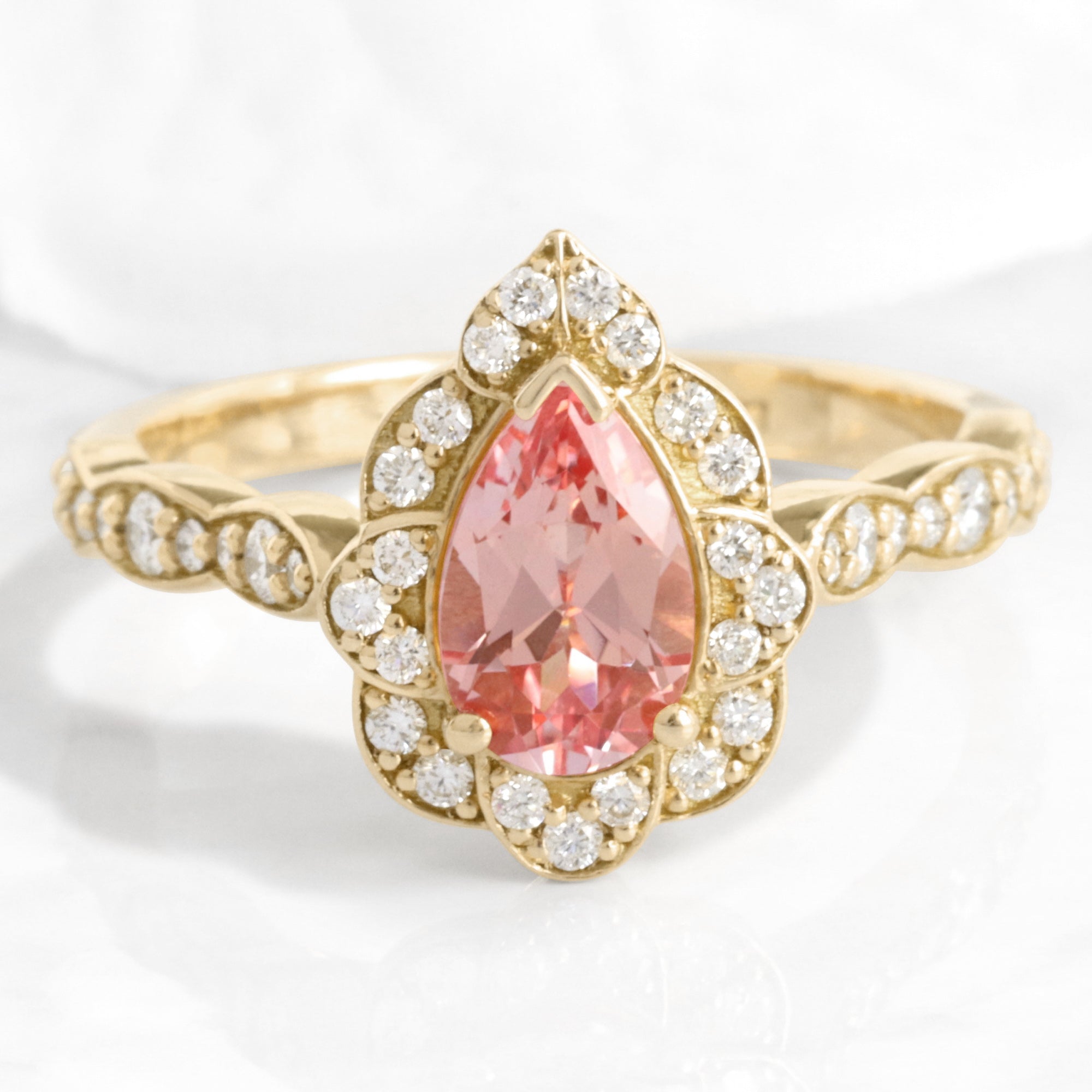 vintage style peach sapphire engagement ring yellow gold halo diamond pink sapphire ring la more design jewelry