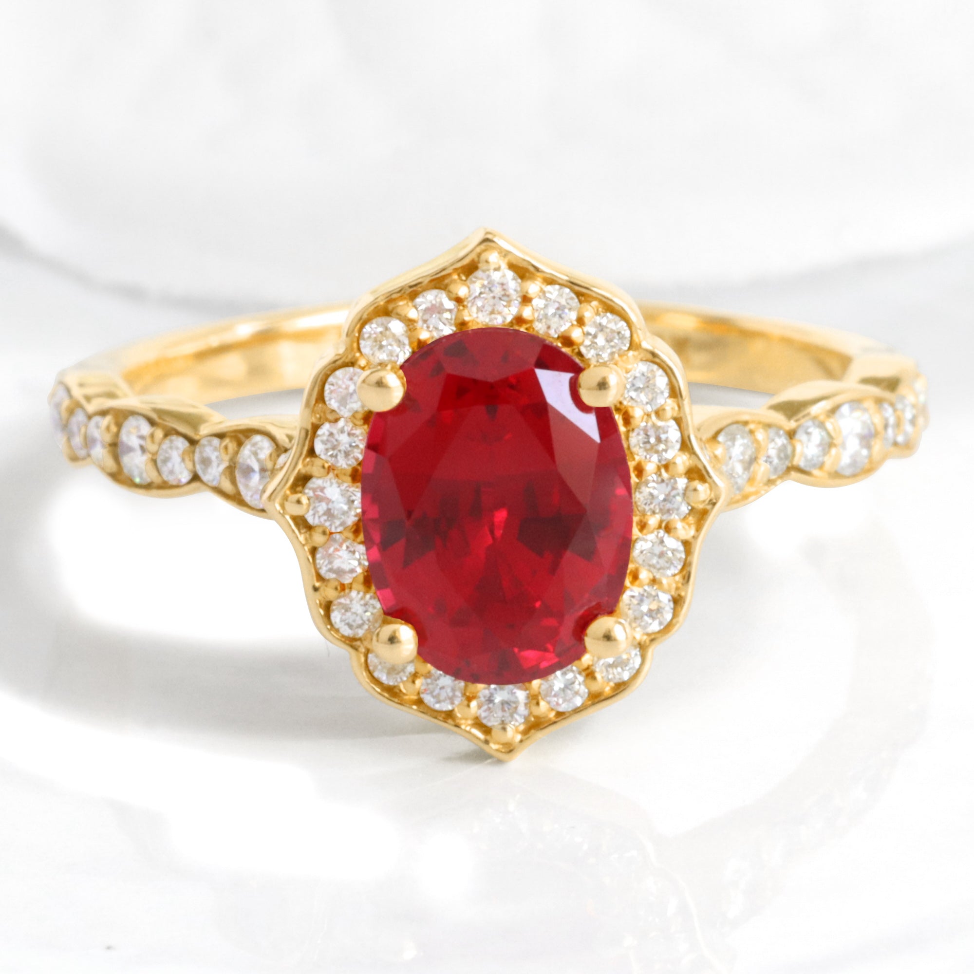 Vintage Style Oval Ruby Engagement Ring Rose Gold Halo Diamond
