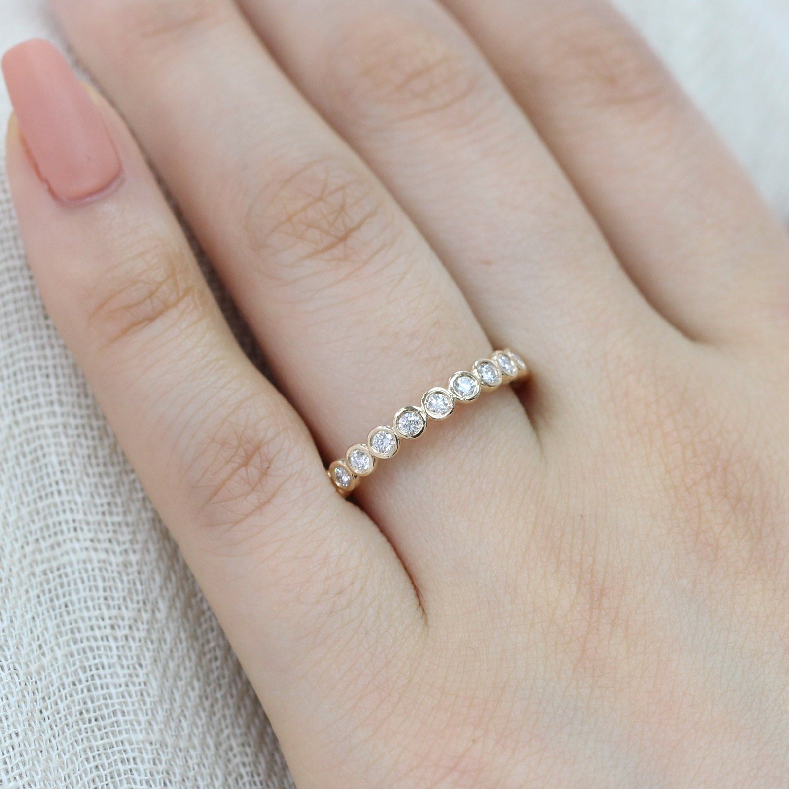Bezel Set Diamond Wedding Ring in 14k Yellow Gold Half Eternity Band, Size 6.5